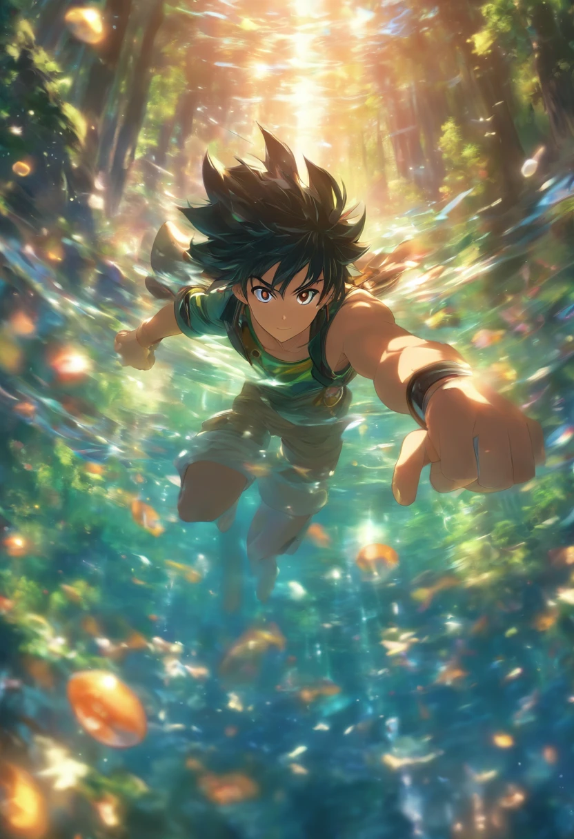 foreshortening, Depth of field, Masterpiece, Best quality, 1boys, black color hair, Brown eyes, Long hair, Underwater, airbubble, Solo, view the viewer, ln the forest, Dappled sunlight,
