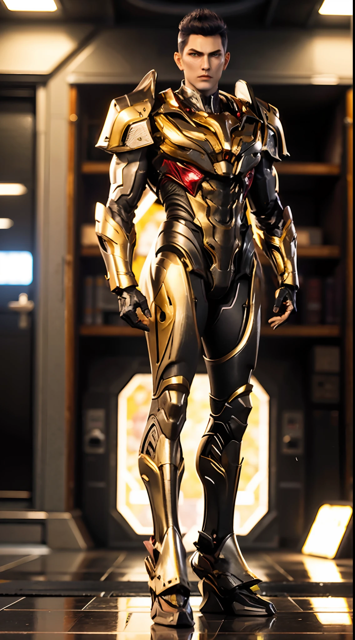 a man in a suit with a futuristic look on his face and chest, with a futuristic helmet on, (1boy:0.630), (black hair:0.728), (golden heavy armor:0.923), (blurry:0.915), (blurry background:0.579), (blurry foreground:0.619), (depth of field:0.771), (letterboxed:0.805), (looking at viewer:0.601), (male focus:0.786), (mecha:0.605), (realistic:0.758), (solo:0.839), (full body:1.3)