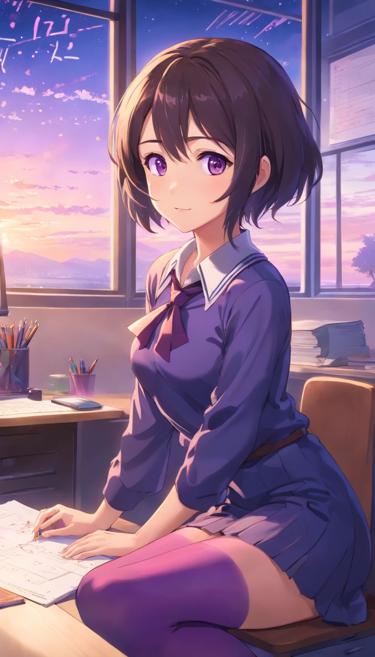 best qualtiy， tmasterpiece， 超高分辨率， realisticlying， 1 girl，（Gorgeous Hair in Long Purple），Heterochromic pupils，Sitting at your desk，Hands on cheeks，Look out the window，（Black collar），（Student kits），Purple stockings，‎Classroom，wide angles