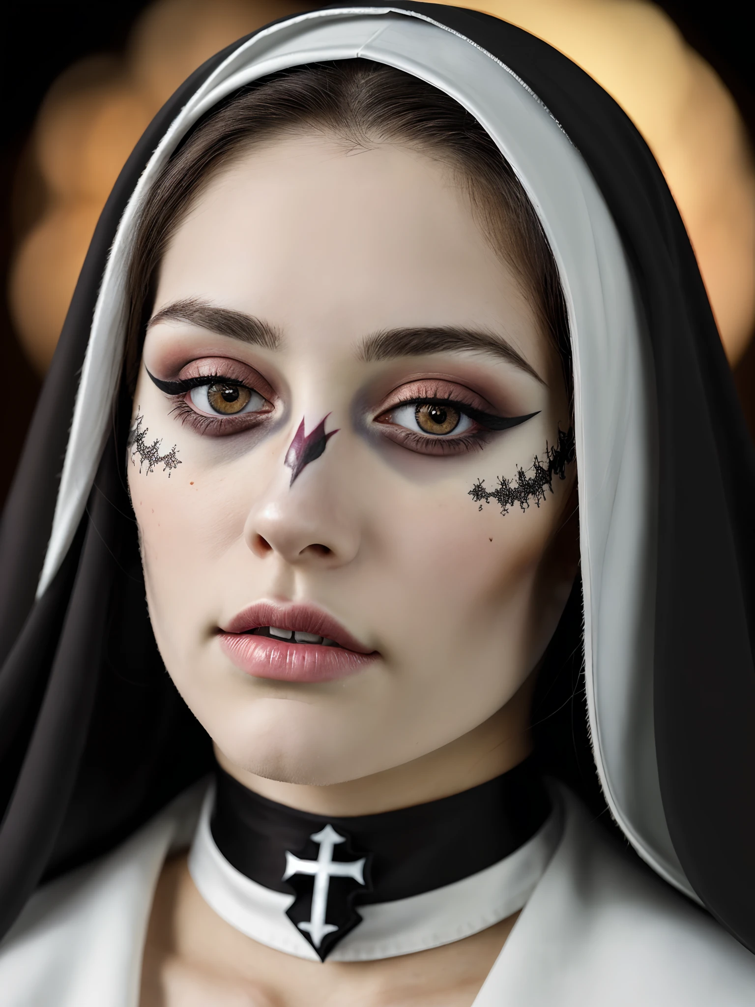 (close-up, photograph, 30 yo nun woman) ( artistic makeup:1.2) (highly detailed face:1.4) (smirk:0.7)long whitr hair,dark themes,soothing tones,pastel colour,hight contrast,(Natural skin texture,ultra-realistic realism,the soft light,Sharp), nun,(colored makeup Dia de Muertos:1.2) (background inside dark:1.3), by Steve McCurry, canon m50, editorial photograph, f1.8 lens ,black choker ,hyper realistic ,lifelike texture, dramatic lighting , awardwinning photo,