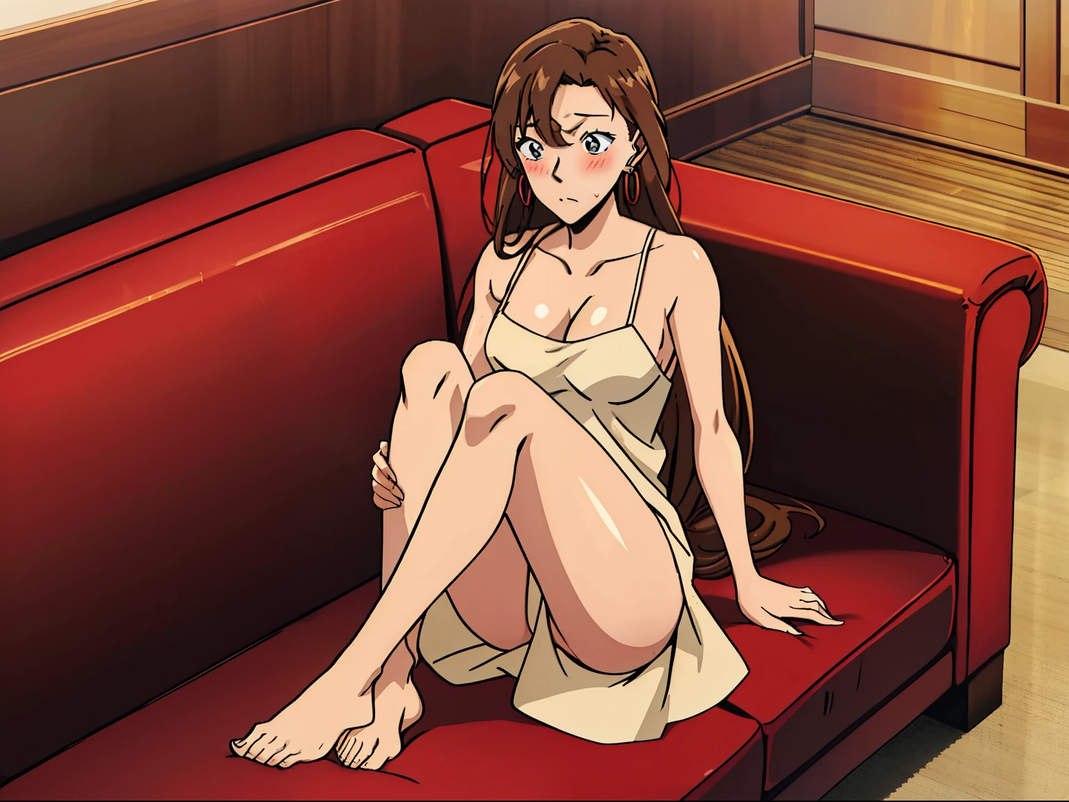 Masterpiece,Best quality,High quality,1girll, Long hair,Medium breasts,Slip dress，Earrings, ,Pose on the couch，Be red in the face，Blush：1.5，full body shot shot，Leaky legs