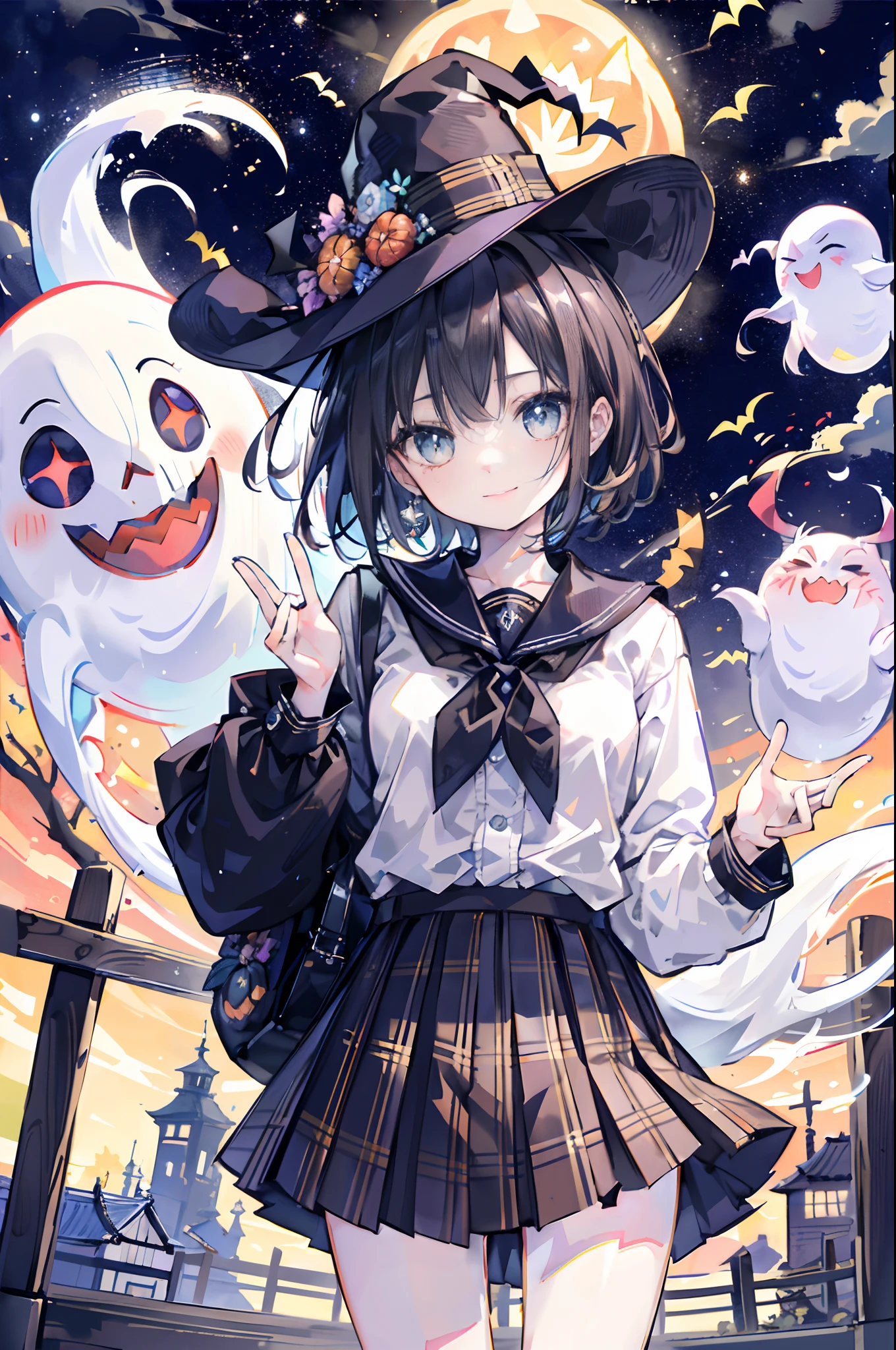 (top-quality、in 8K、32K、masterpiece、nffsw、超A high resolution、Impresionismo、Photorealsitic:1.2)、cowboy shot、foco nítido、detailed faces and eyes、(Tokyo at night、Halloween Decorations、The ghost is flying、Ghost pumpkin、Very colorful、Brightly colored sky:1.2)、(Very colorful night sky、Colorful ghosts flying in the sky)、Sharp pupils、Realistic pupils、beauitful face、blurry backround、18 year old beautiful girl、shinny skin、Bery short hair、Beautiful dark brown hair、Blunt bangs、Dark blue eyes、Wizard Hat、cloaks、Shirt、Halloween tie、Plaid miniskirt、Black socks、(Holding a skirt in your right hand、Lifting skirt:1.3)、(Raise your left arm)、(Happy expression on face:1.2)、dynamicposes