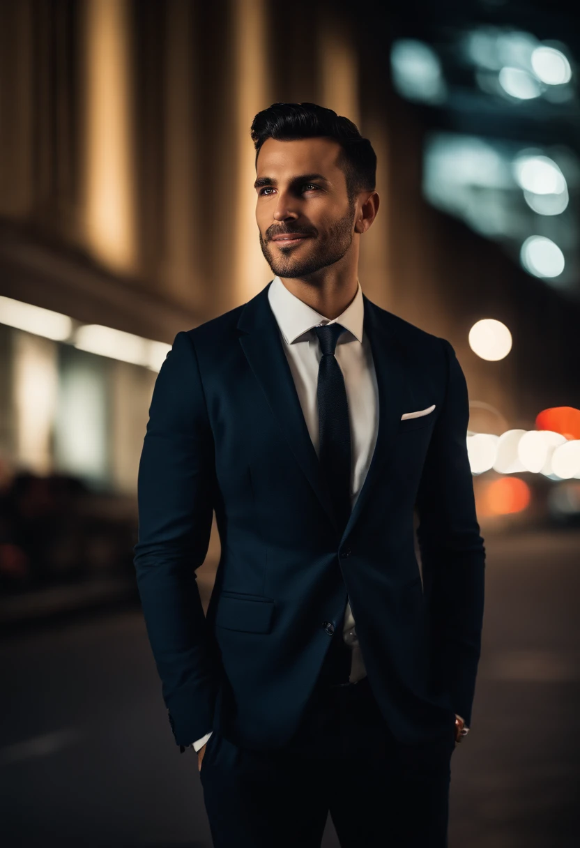 Un hombre con traje y corbata de pie en una calle de la ciudad - SeaArt AI