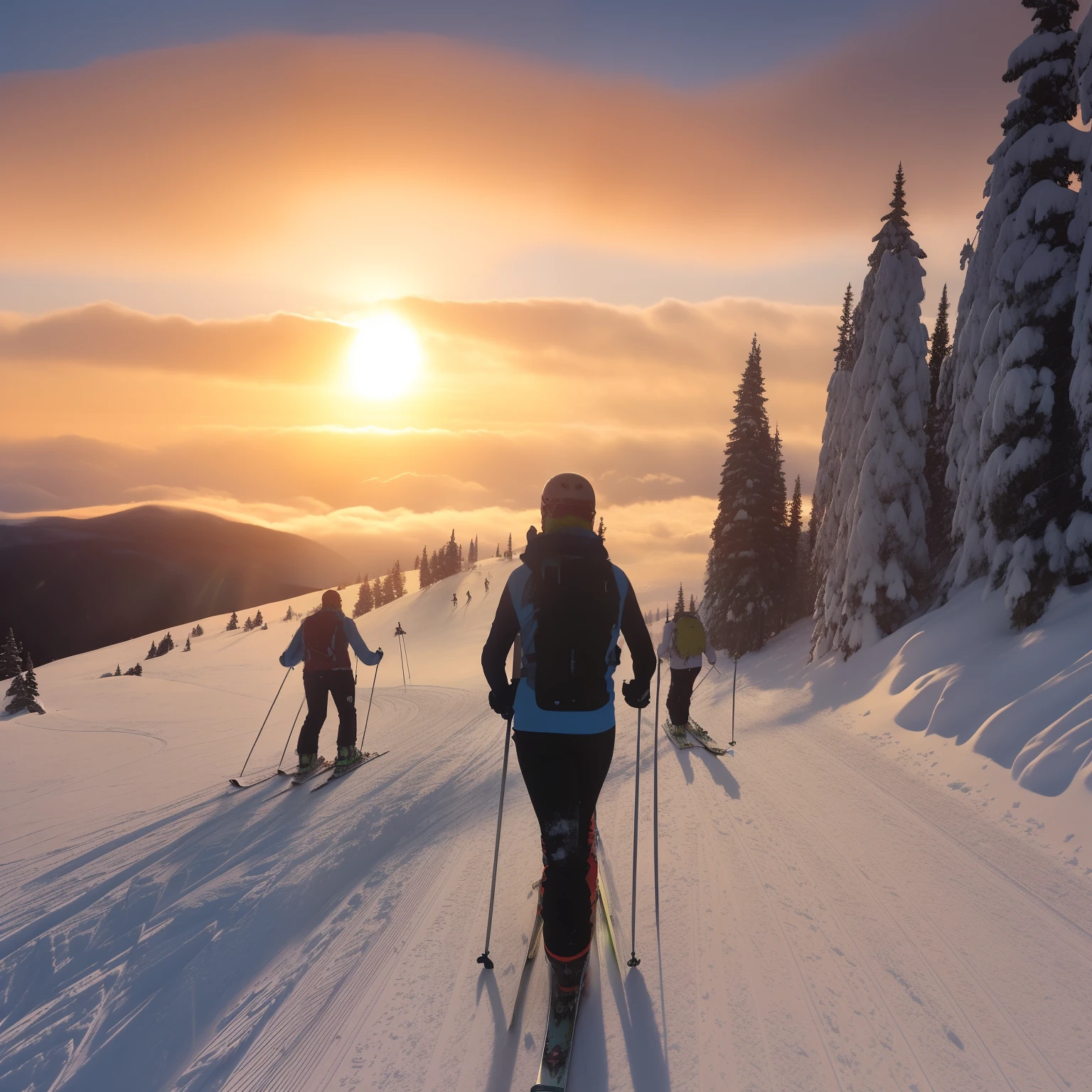 Skiers on trails in the snow,The background is sunset, going forward to the sunset, author:Anna Heifesch, author:Christofo Zefarovich, author:Sigmund Freudenberg, author:Zoran Mušić, author:Alexander Giemsky, time to climb the mountain path, author:Alexander Kucharisky