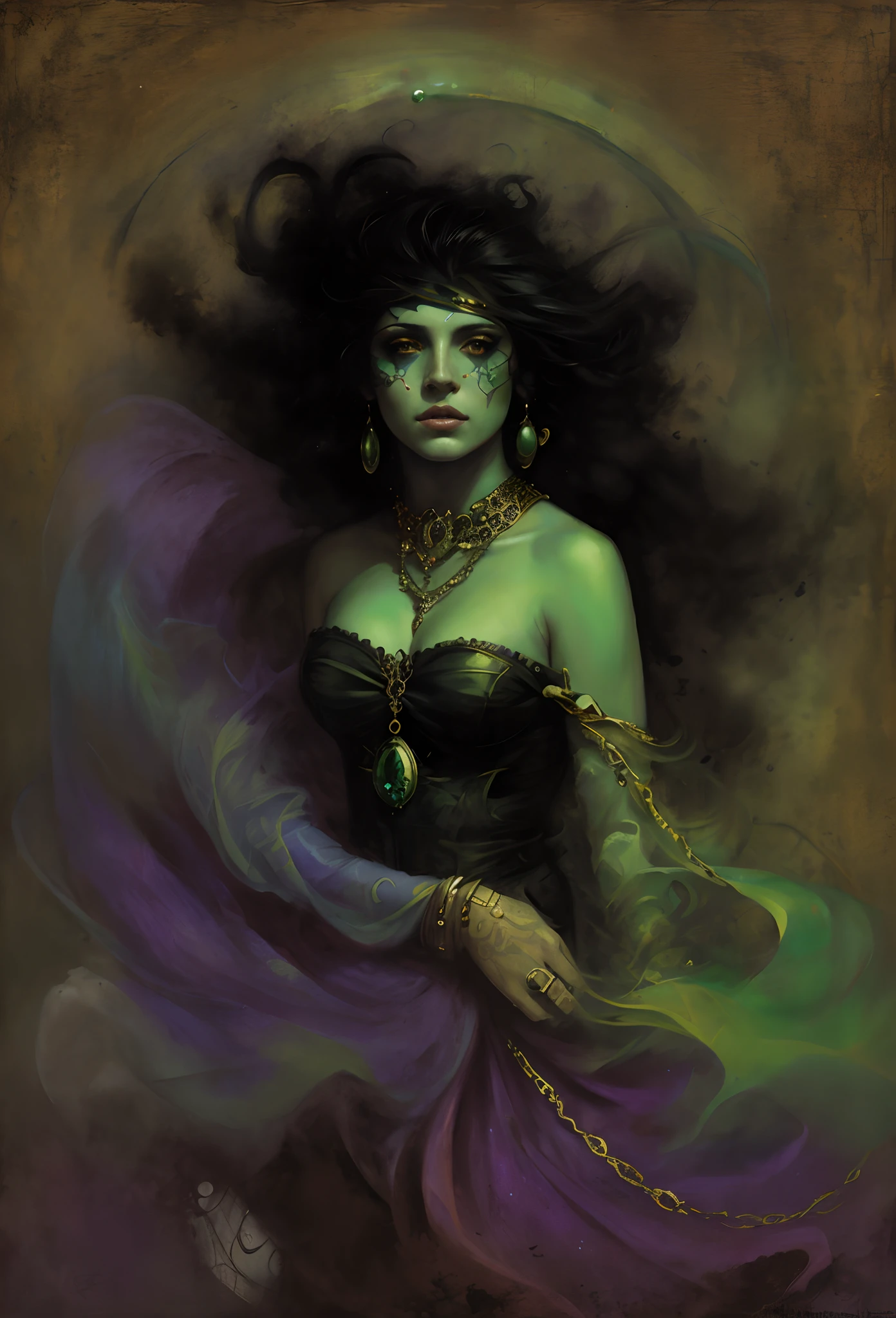 pintura de uma mulher com um rosto verde e vestido roxo, Directed by: Todd Lockwood, Directed by: Pablo Munoz Gomez, Charlie Bowater Cores Profundas Ricas, Retrato do Destino de Sandman, no estilo da arte da fantasia sombria, Bastien Lecouffe - Deharme, Bastien Lecouffe Deharme, Estilo de Donato Giancola, arte de estilo fantasia escura