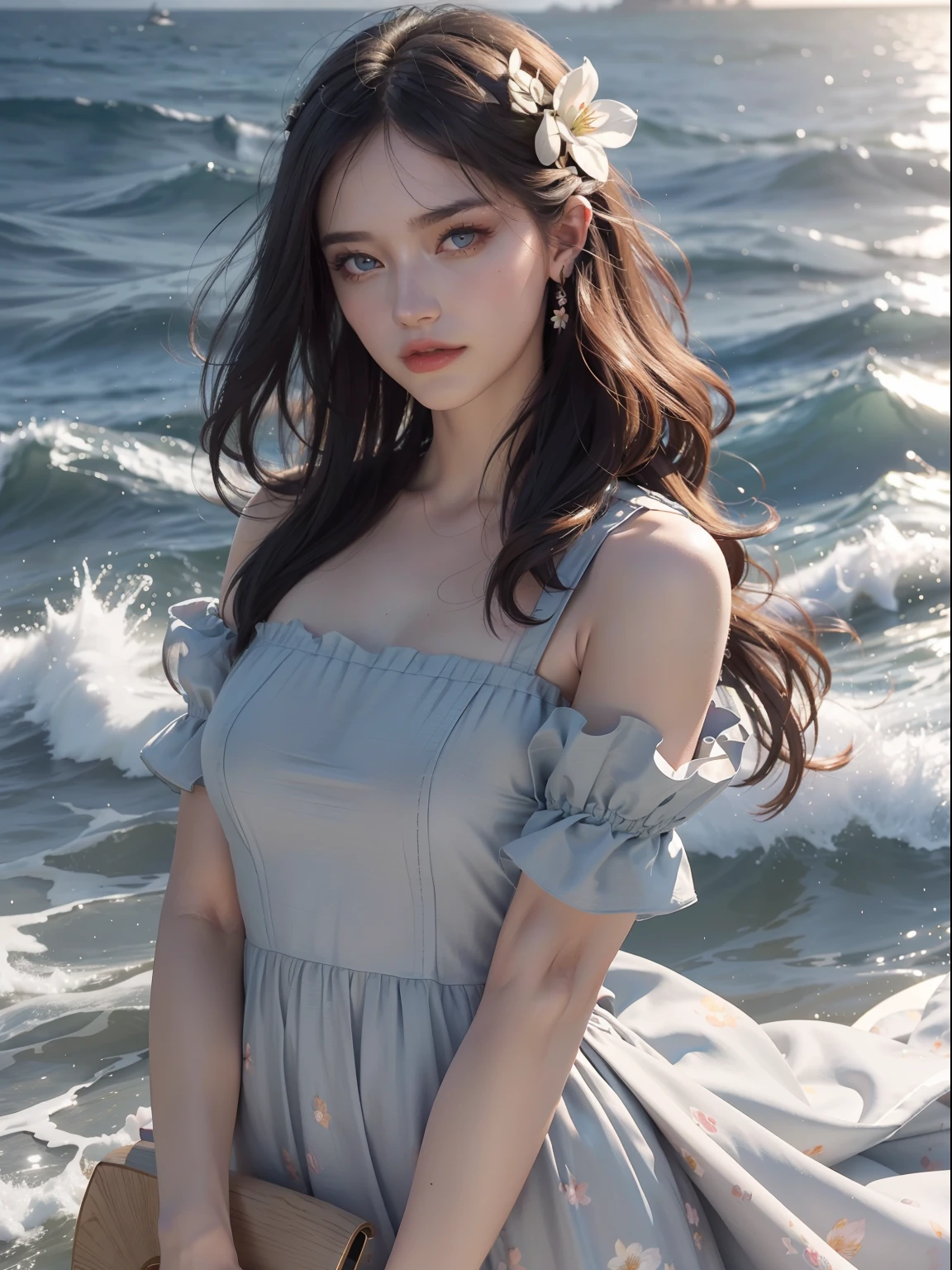 lndswgnr_V1.0, (Sharp focus: 1.5), (Sharp focus:1.2), Portrait, Attractive young woman, (Beautiful face:1.1), Detailed eyes, lusciouslips, (Eye makeup:1.2), (Tight body:1.2), Wearing (flowery dress:1.2) at (sea beach:1.2). (Morning sun illumination:1.2), Depth of field, Bokeh, 4K, hdr. By (James S. Christensen:1.2|JeremyLipking:1.1).