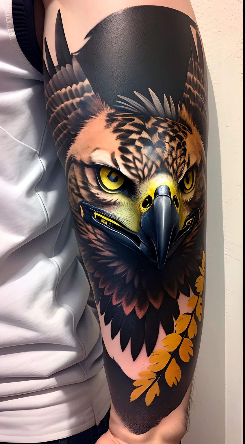 Photo of a forearm, pele branca, with black tattoo of the face of a hawk on the side with yellow eyes, Artistic effects all around