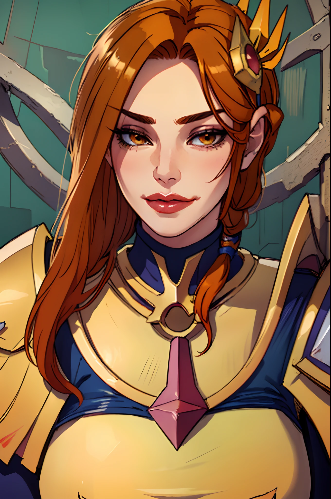 (masterpiece, best quality:1.2), cowboy shot, solo, 1girl, leona \(lol\), slight smile, closed mouth, hair ornament, brown eyes, armor, portrait, orange hair, milf, thick lips, lipstick, armor, face portrait, close up face, detailed