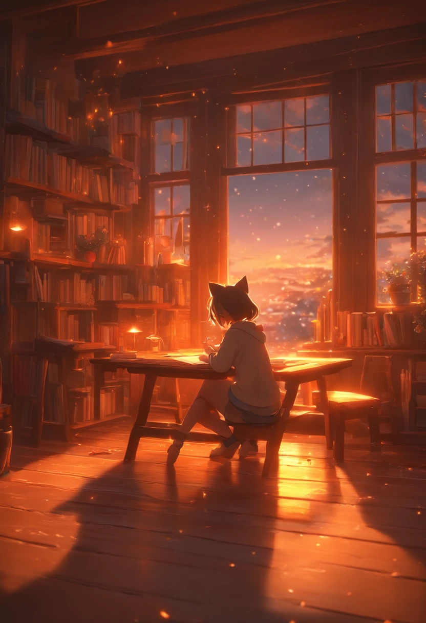 a girl studying at dusk, wooden floor with kitten on the table, eerie atmosphere, book movement, light "snow outside the window" falling, cinematic lighting, mystical, atmospheric, 3D rendering, high details, trends on ArtStation , 4K resolution, ultra-defined detailed pixel