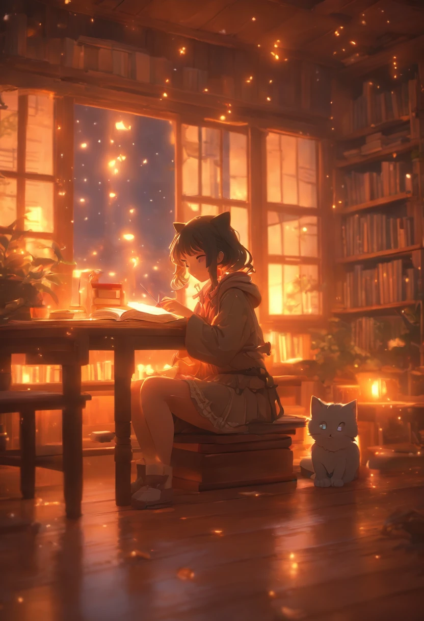 a girl studying at dusk, wooden floor with kitten on the table, eerie atmosphere, book movement, light "snow outside the window" falling, cinematic lighting, mystical, atmospheric, 3D rendering, high details, trends on ArtStation , 4K resolution, ultra-defined detailed pixel