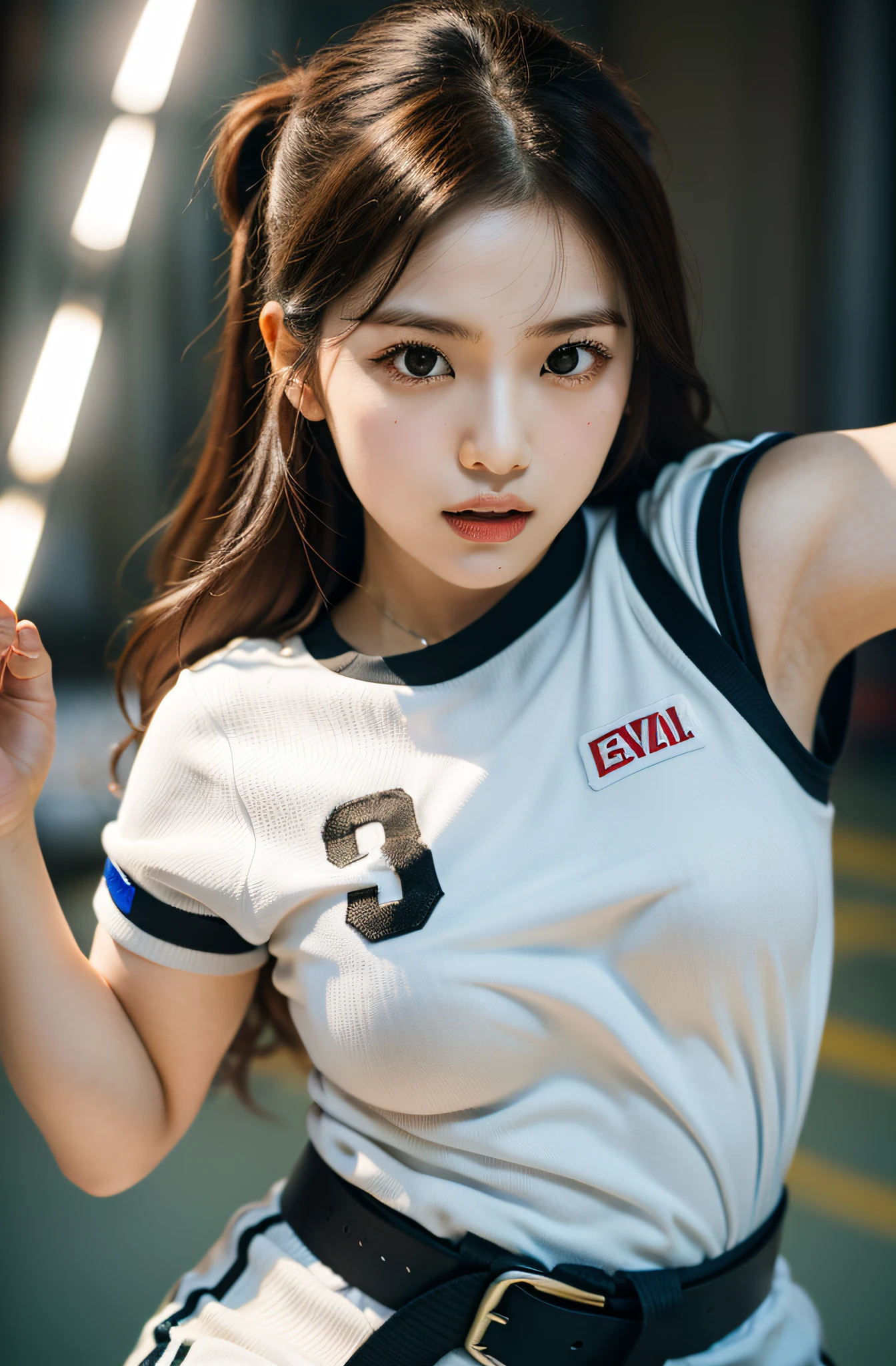 (sweaty:1.4)) best quality,masterpiece,ultra high res,(photorealistic:1.4),raw photo,(Authentic skin texture:1.3),(film grain:1.3),panorama,character portrait,very wide shot,narrow waist,cowboy shot,(in the dark, deep shadow, low key, cold light,) night,(()),streaming tears,,dust,Tyndall effect,(expression),1girl,beautiful detailed eyes and face,white jabot,brown eyes,((white volleyball uniform:1.3)) ((in the gym:1.4)) ((brown hair:1.2)) ((Kneeling:1.3)) ((long hair)) ((half french and half korean:1.3))