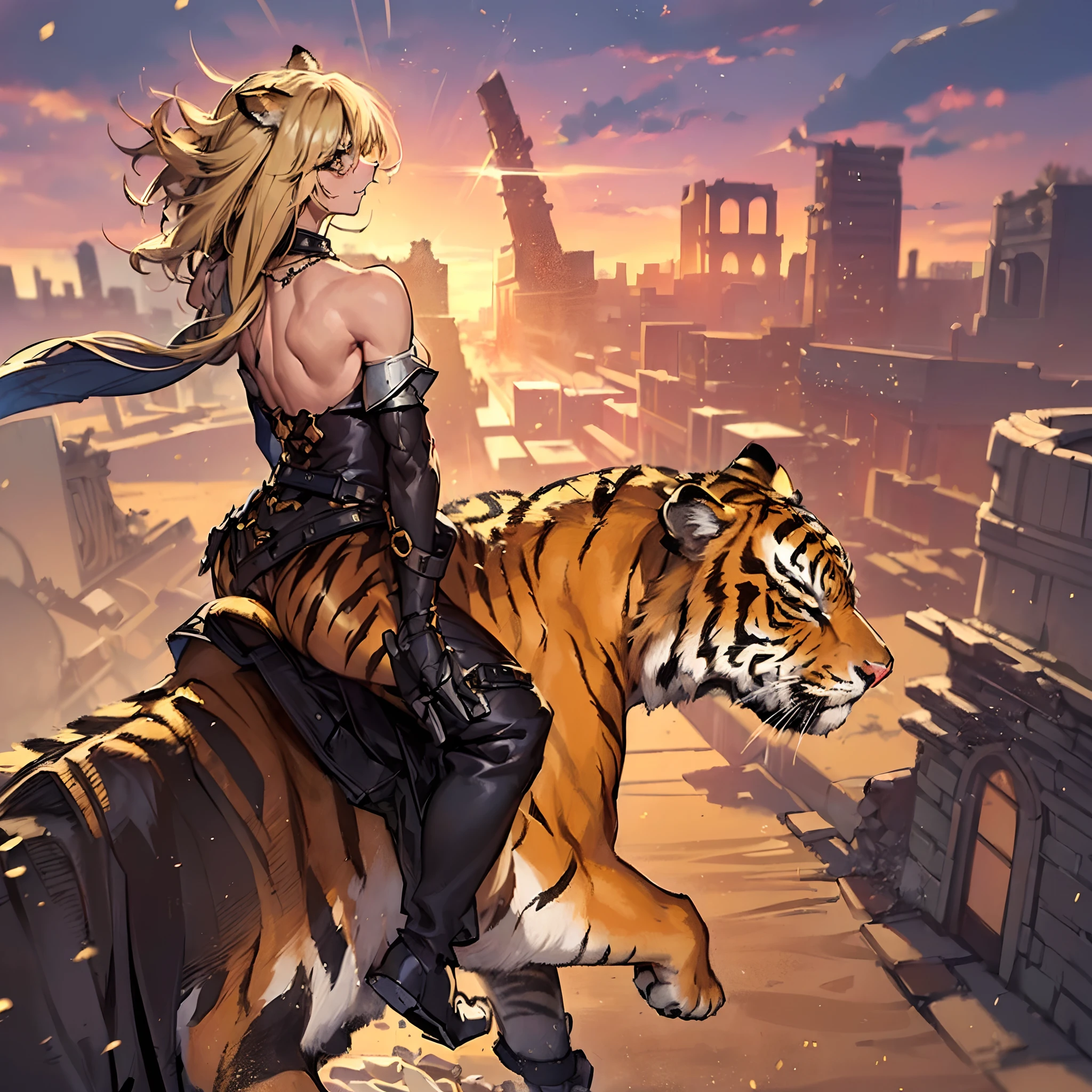 20yo 1girl, solo, (angry:1.4), small chest, (muscular, fang:1.4), (blonde long hair, tiger print bang:1.4),(tiger ears, locket necklace, triangle locket:1.2), (tiger print long pant, tiger print elbow gloves, black knee boot:1.2), ( light particles, motion lines, speed lines, motion blur, The girl's hair flutter wildly in the wind, high speed:1.4), (fantasy, ruin city in desert:1.4), (from behind:1.4)