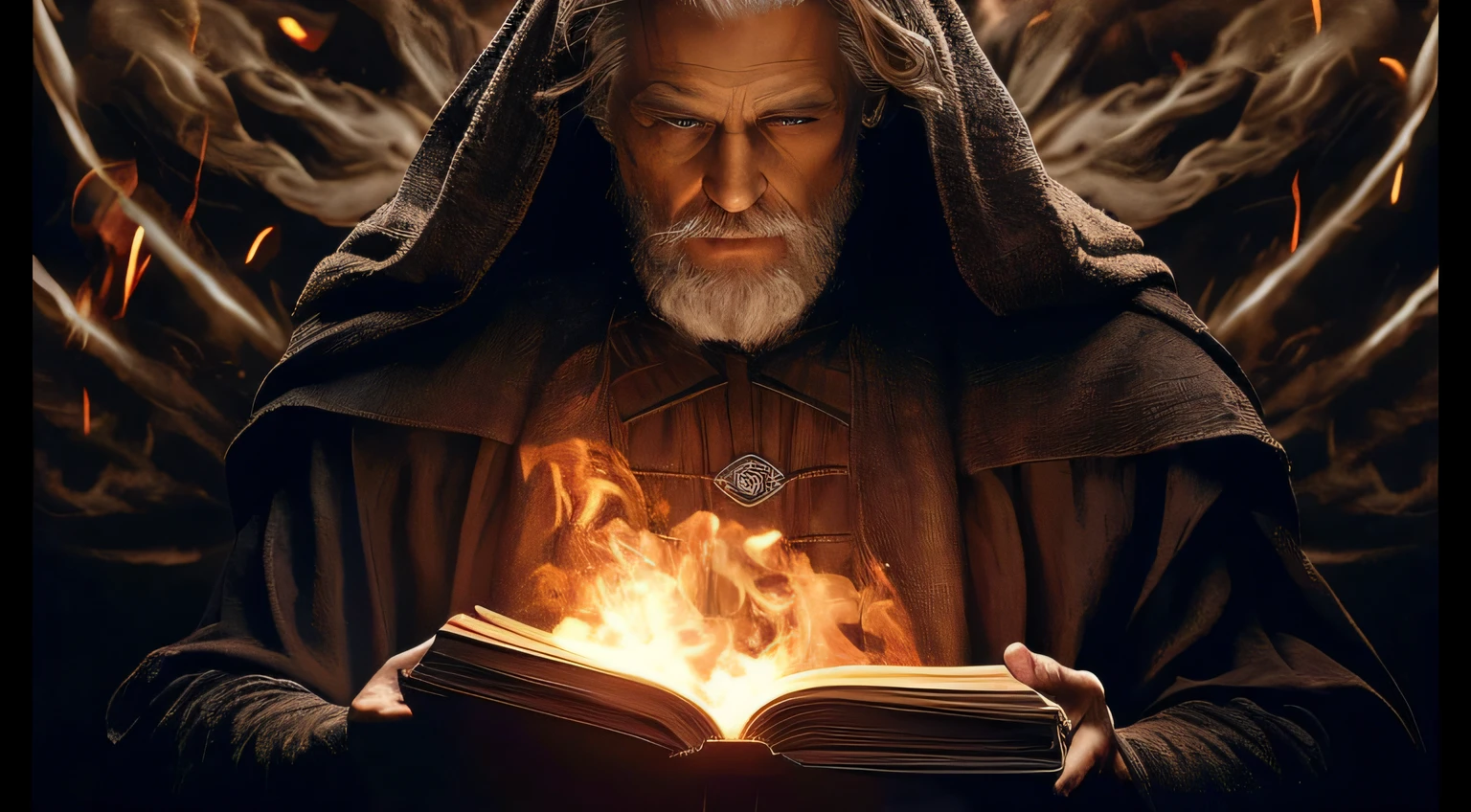 um close up de um homem segurando um livro com um fogo nele, Travis Fimmel como um Mestre Jedi, Willem Dafoe como um Lorde Sith, Velho Mestre Jedi, Christopher Lloyd como Belial, wizard reading a directory, Obi Wan Kenobi, Obi-Wan Kenobi, Sean Connery como Gandalf, Mestre Jedi, Donald Trump como um Jedi