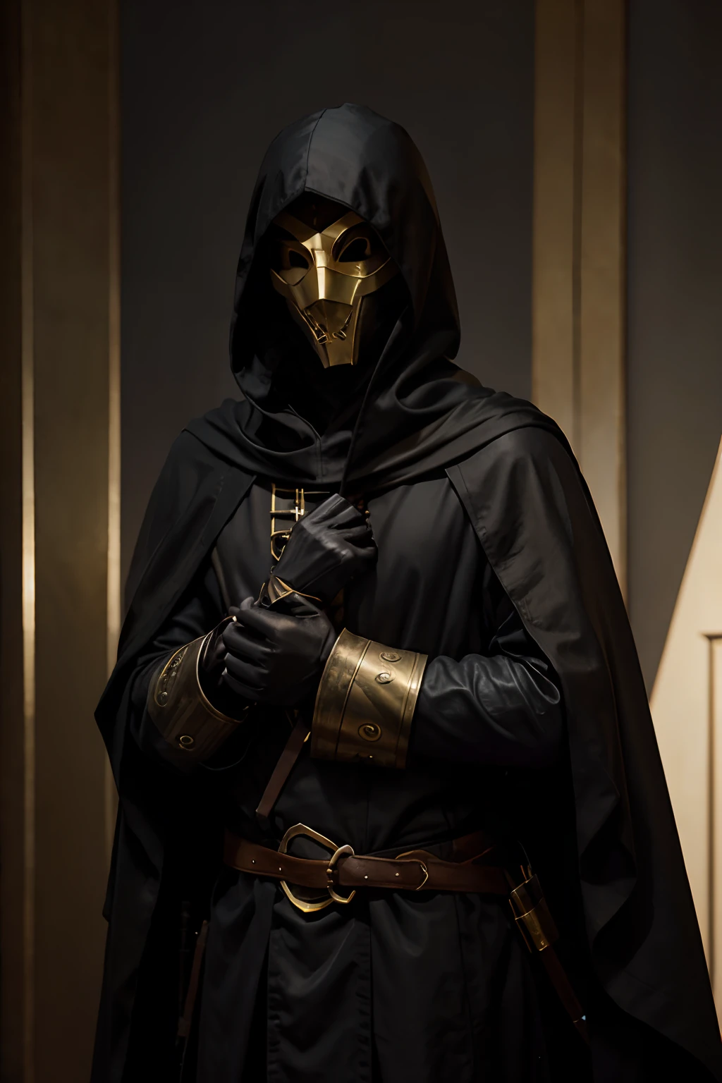 assassin with brass mask shiny golden, black hood, black cloak, leather, scimitar, mystery, dark