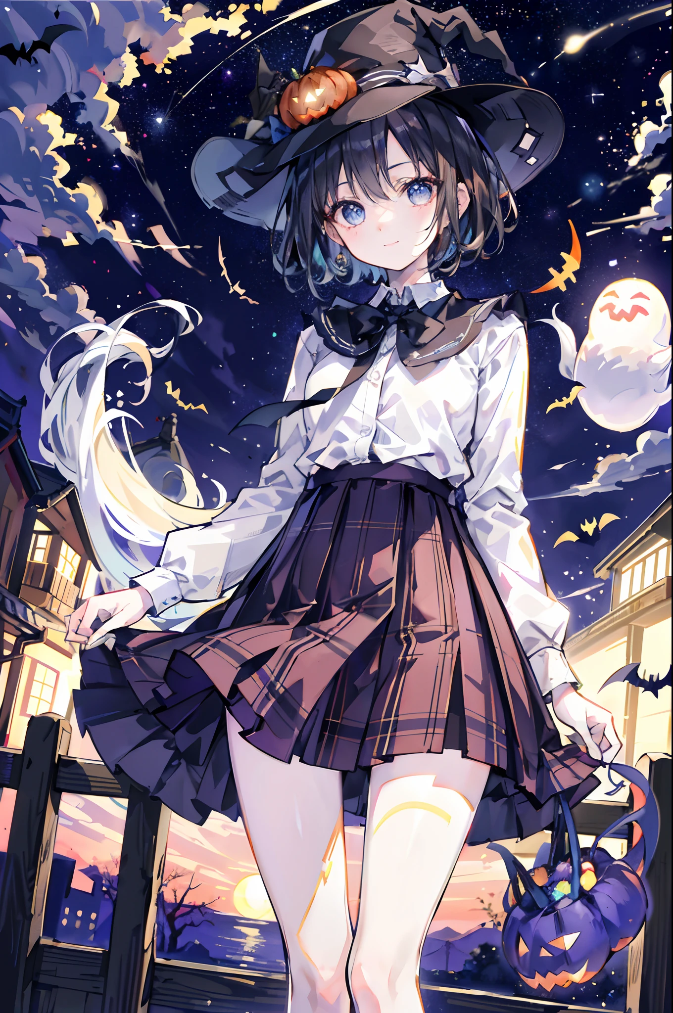 (top-quality、in 8K、32K、masterpiece、nffsw、超A high resolution、Impresionismo、Photorealsitic:1.2)、cowboy shot、foco nítido、detailed faces and eyes、(Tokyo at night、Halloween Decorations、The ghost is flying、Ghost pumpkin、Very colorful、Brightly colored sky:1.2)、(Very colorful night sky、Colorful ghosts flying in the sky)、Sharp pupils、Realistic pupils、beauitful face、blurry backround、18 year old beautiful girl、shinny skin、Bery short hair、Beautiful dark brown hair、Blunt bangs、Dark blue eyes、Wizard Hat、cloaks、Shirt、Halloween tie、Plaid miniskirt、Black socks、(Holding a skirt in your right hand、Lifting skirt:1.3)、(Raise your left arm)、(Happy expression on face:1.2)、dynamicposes