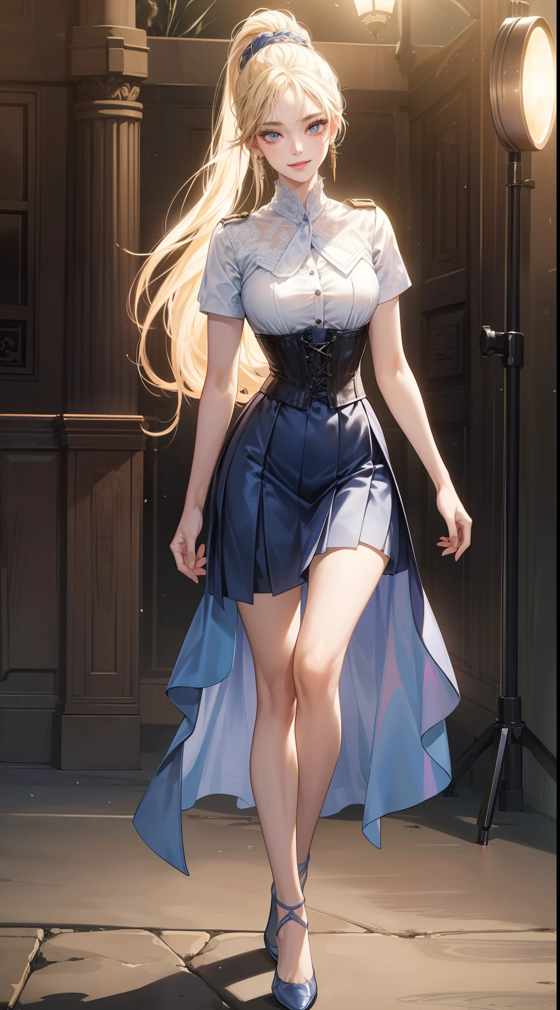 8K, masutepiece, Raw photo, Best Quality, Photorealistic, Highly detailed CG Unity 8k wallpaper, depth of fields, Cinematic Light, Lens Flare, Ray tracing, (Extremely beautiful face, Beautiful lips, Beautiful eyes), intricate detail face, ((Ultra detailed skin)) 1girl in, In the Dark, deepshadow, Pretty Korean girl, Kpop Idol, 1 girl, (Very slim and slender fit muscular body:1.3), ((Looking at Viewer)),(Big smile:1.3), (Blurred background),(No people in the background:1.3), Beautiful earrings, Bracelets, Clear eyes, Walking, (pale skin), (Big eyes), Face forward, (Golden bristles), (Full body shot), , ((blue high waist skirt)), , (Looking at Viewer:1.3) opened breast, Very slim, medium breasts, ass forcus, Before the eyebrows, thick thighs((whiteshirt:1.3)), (double-breasted,Underbust:1.2), Short sleeves, buttonGap,Frameless glasses,Corset Belt,Beautiful ponytail,a blond,