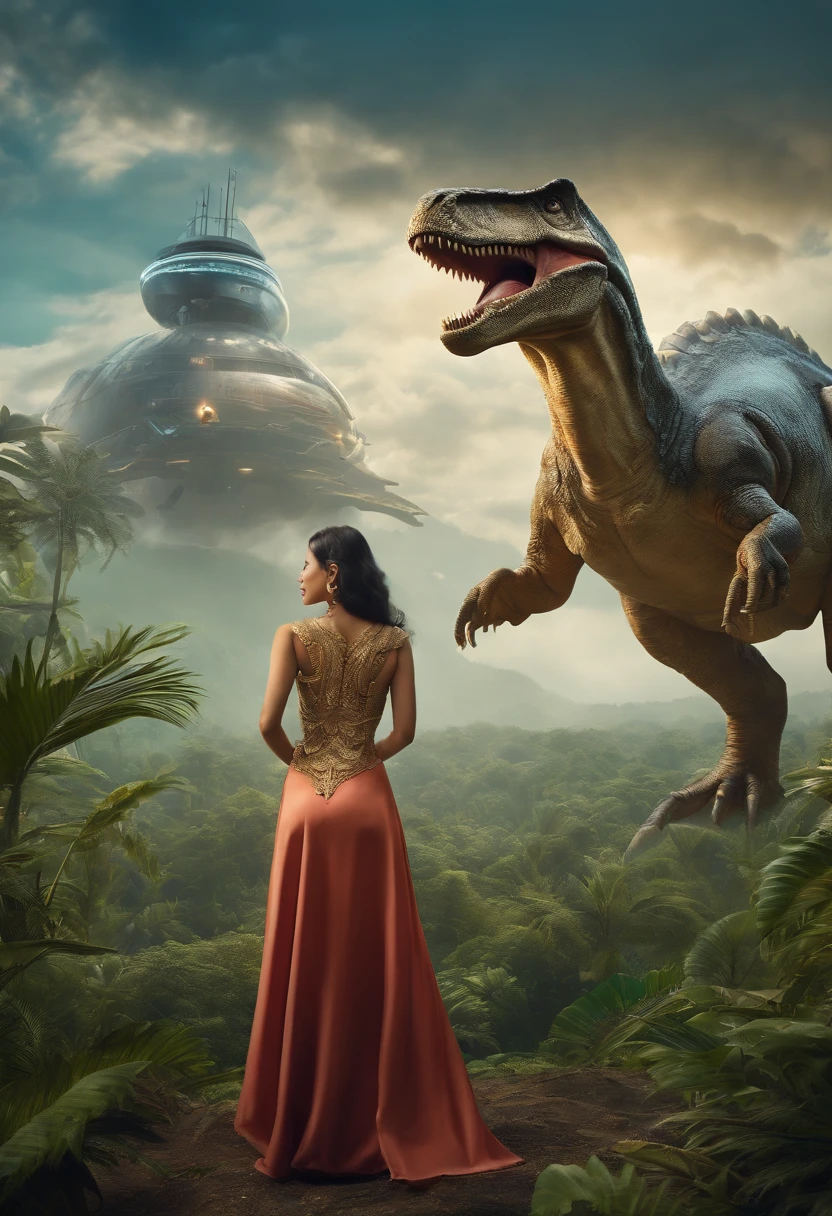 Beautifull Asian woman pose with dinosaur wearing futuristic suit landing from a UFO ship in the sky ,front side, embarking on a treasure-hunting expedition in a prehistoric jungle, wide angel view,smooth, epic composition, hyperrealism,