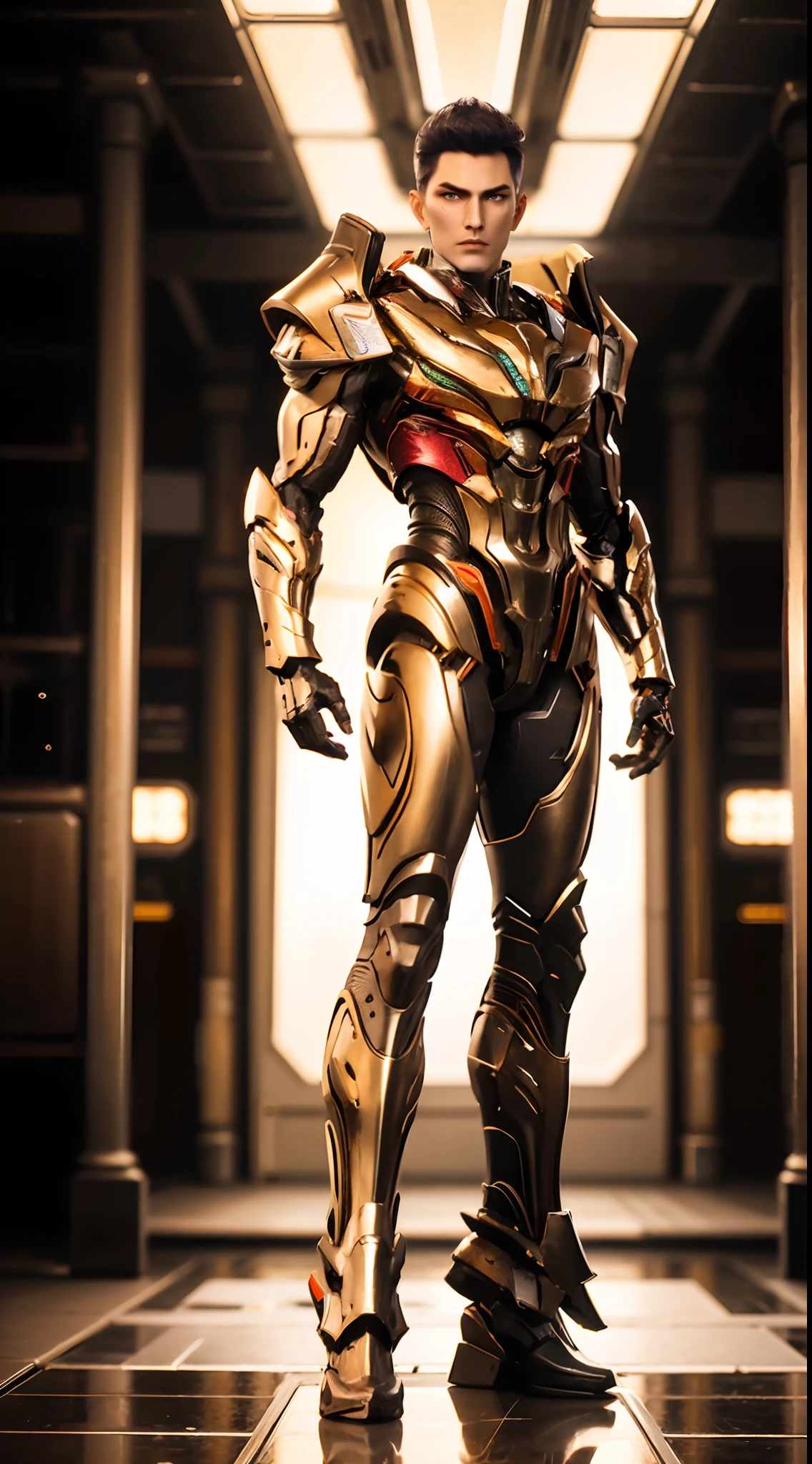 a man in a suit with a futuristic look on his face and chest, with a futuristic helmet on, (1boy:0.630), (black hair:0.728), (golden heavy armor:0.923), (blurry:0.915), (blurry background:0.579), (blurry foreground:0.619), (depth of field:0.771), (letterboxed:0.805), (looking at viewer:0.601), (male focus:0.786), (mecha:0.605), (realistic:0.758), (solo:0.839), (full body:1.3)