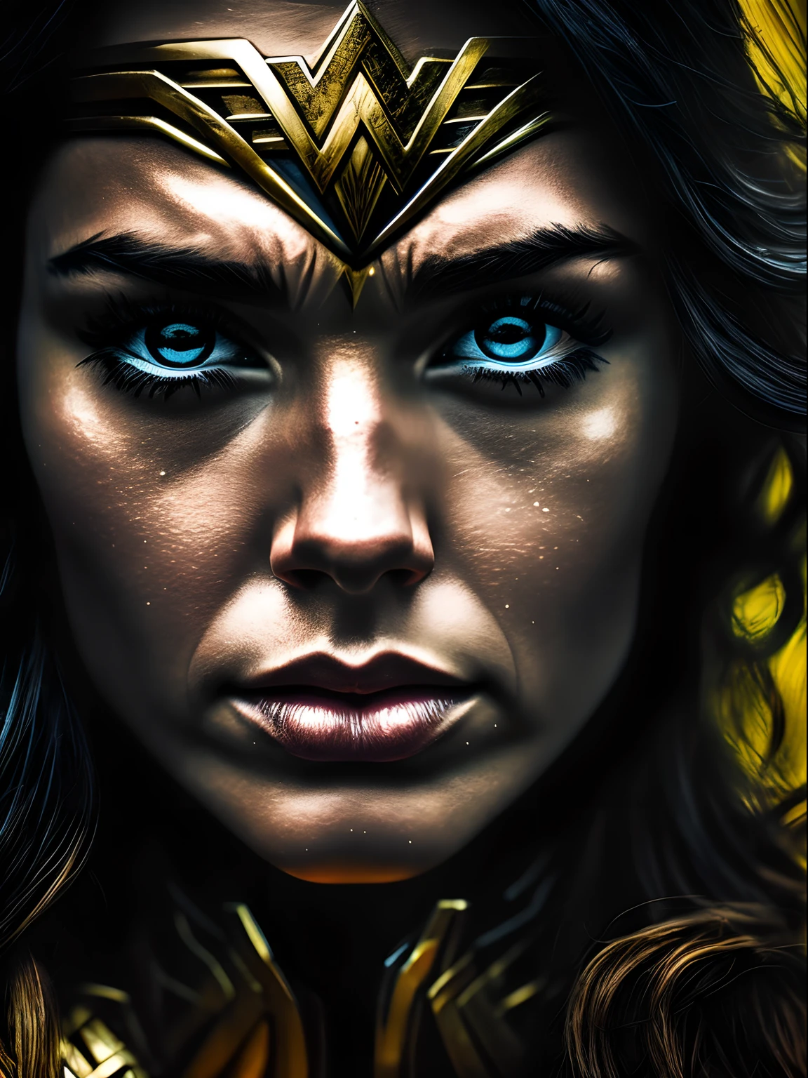 Wonder Woman under the rain, in the style of dc comics, emotionally charged portraits, mushroomcore, erased and obscured, black and gold, high contrast, whiplash lines, closeup intensity, style raw.