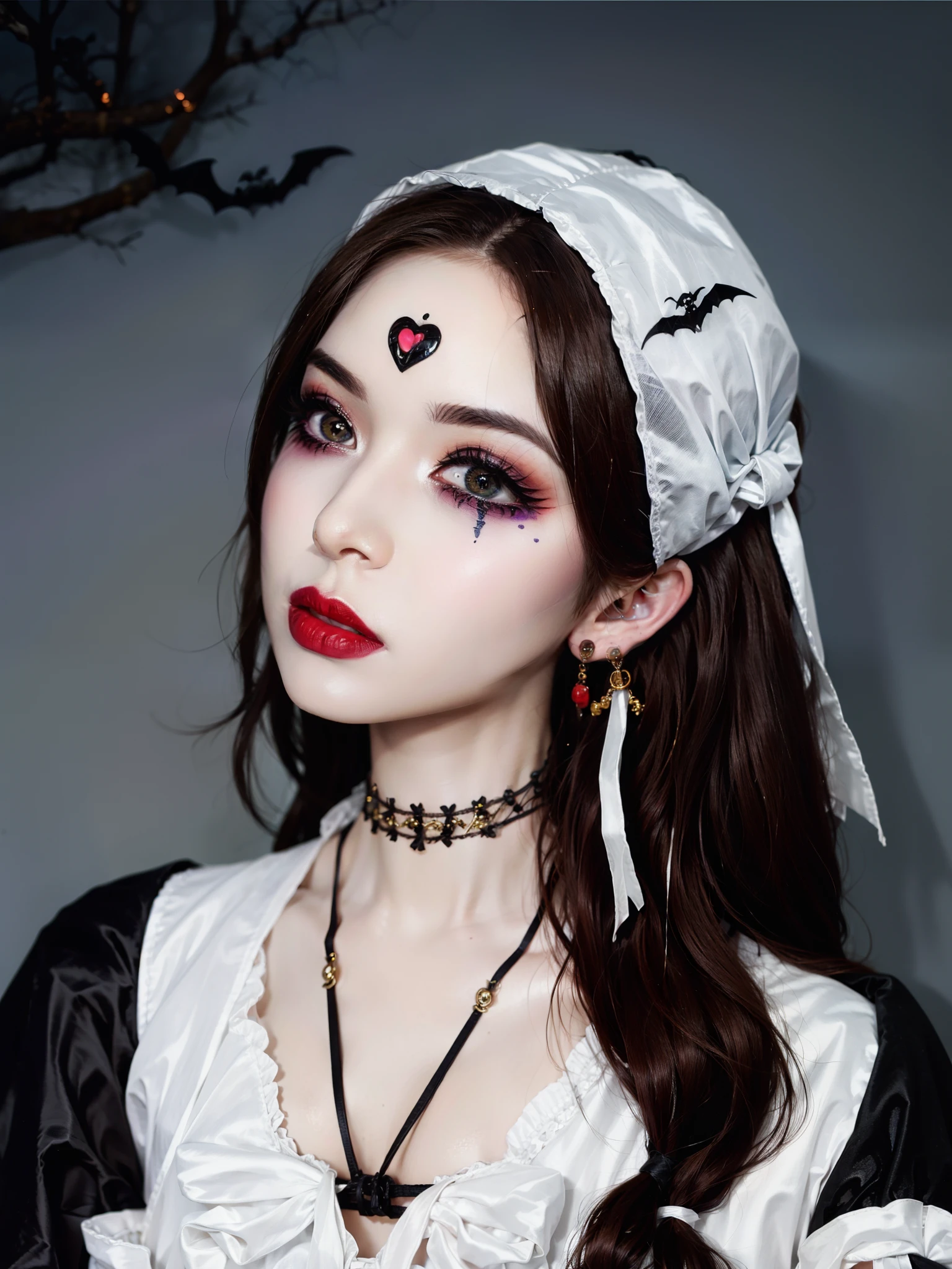 RAW photo, 1girl,South Korean idol , heart bun hair, HWmakeup, (Halloween costume:1.1), complex Halloween party background, (hdr, hyperdetailed:1.2),(photo: 1.3) af (realistic: 1.3), ((close-up))