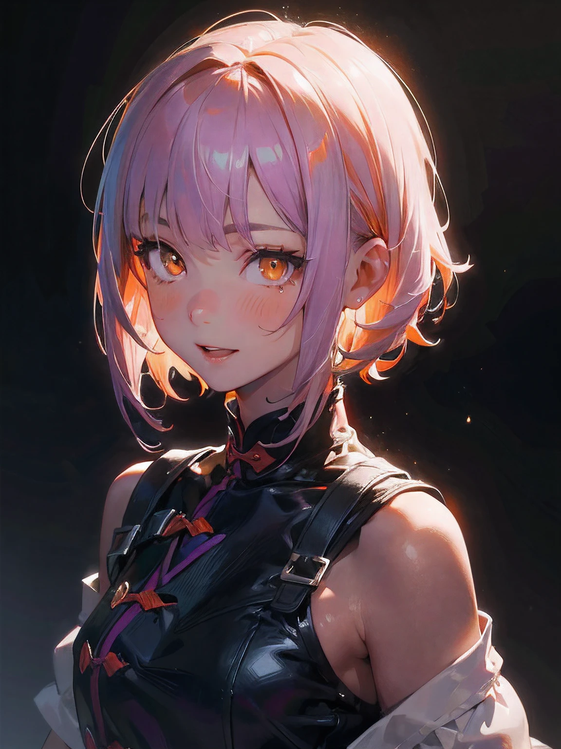 a 19 yo girl , Light Pink Hair , (hi-top fade:1.3) , dark themed , Muted Tones , Subdued Color , highly contrast , (natural skin textures , Hyper-Realism , Soft light , sharp) , ((Light Purple Aodai)) , ((shoulder-length hair)) , (bright orange eyes) , excited expression , focus on the face , opposite shot , full head ,laughed excitedly , (bright orange eyes:1.5) , big smile