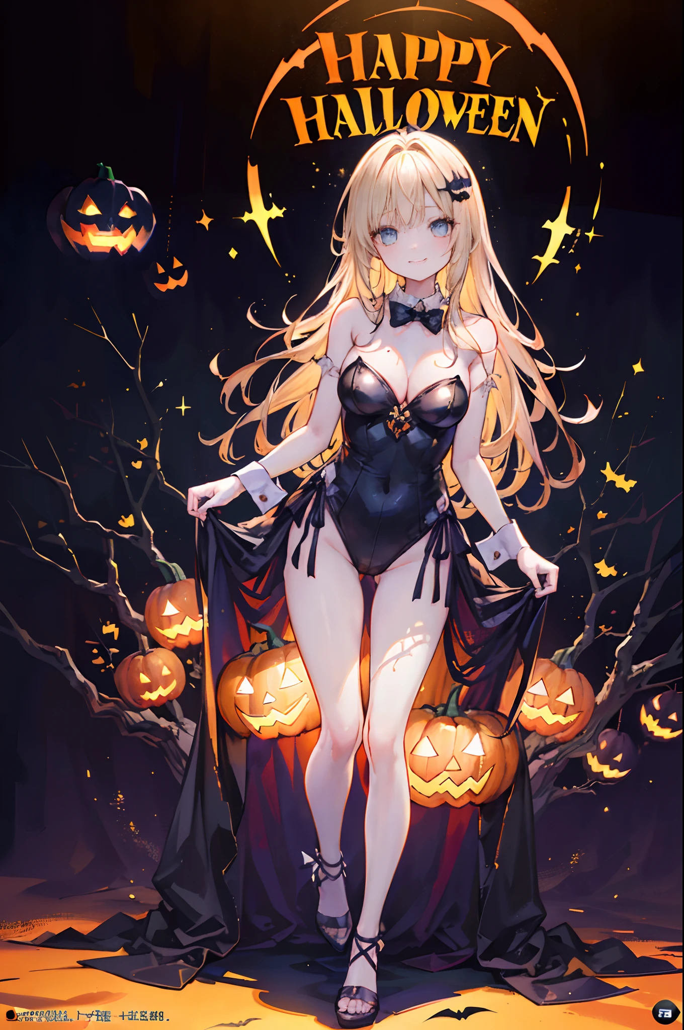 (Official art、Best Quality、Unity 8k Wallpapers、32K、​masterpiece、ultra-detailliert、超A high resolution、realisitic、Photorealsitic:1.2)、(Cinematic lighting:1.2)、Fireglow effect、film grains、Best Shadows、(Ultra-detailed and complex 3D rendering)、Detailed beautiful face and eyes、Realistic pupils、Sharp pupils、A slender、Medium bust、(Full body:1.2)、side lights、 Highly detailed background、(super detailed skin、detailed skin textures:1.3)、(Close-up of a group of carved pumpkins in the park, jack-o-lanterns, Pumpkin glowing under the tree, Halloween atmosphere, Halloween Scene, jack - o'- lantern, pumpkins, Evil spirits walk around with lanterns, halloween celebration, Halloween, Spooky and scary atmosphere, halloween theme, Halloween Decorations, halloween night, shutterstock, trick or treat, edited、Very colorful、Vivid Color)、shinny skin、 20-year-old beauty、Beautiful wavy platinum blonde hair、 Blue eyes、beauitful face、Playboy Bunny Girl、High-cut leotards、a bow tie、Cuffs、Wearing fishnet stockings、Black rabbit ears、Ghost pumpkin hair ornament、With a rabbit tail in the ass,,、Holding a haunted pumpkin in both hands、Bring your arms forward、(Happy expression on face、Self-satisfied smile:1.2)、dynamicposes