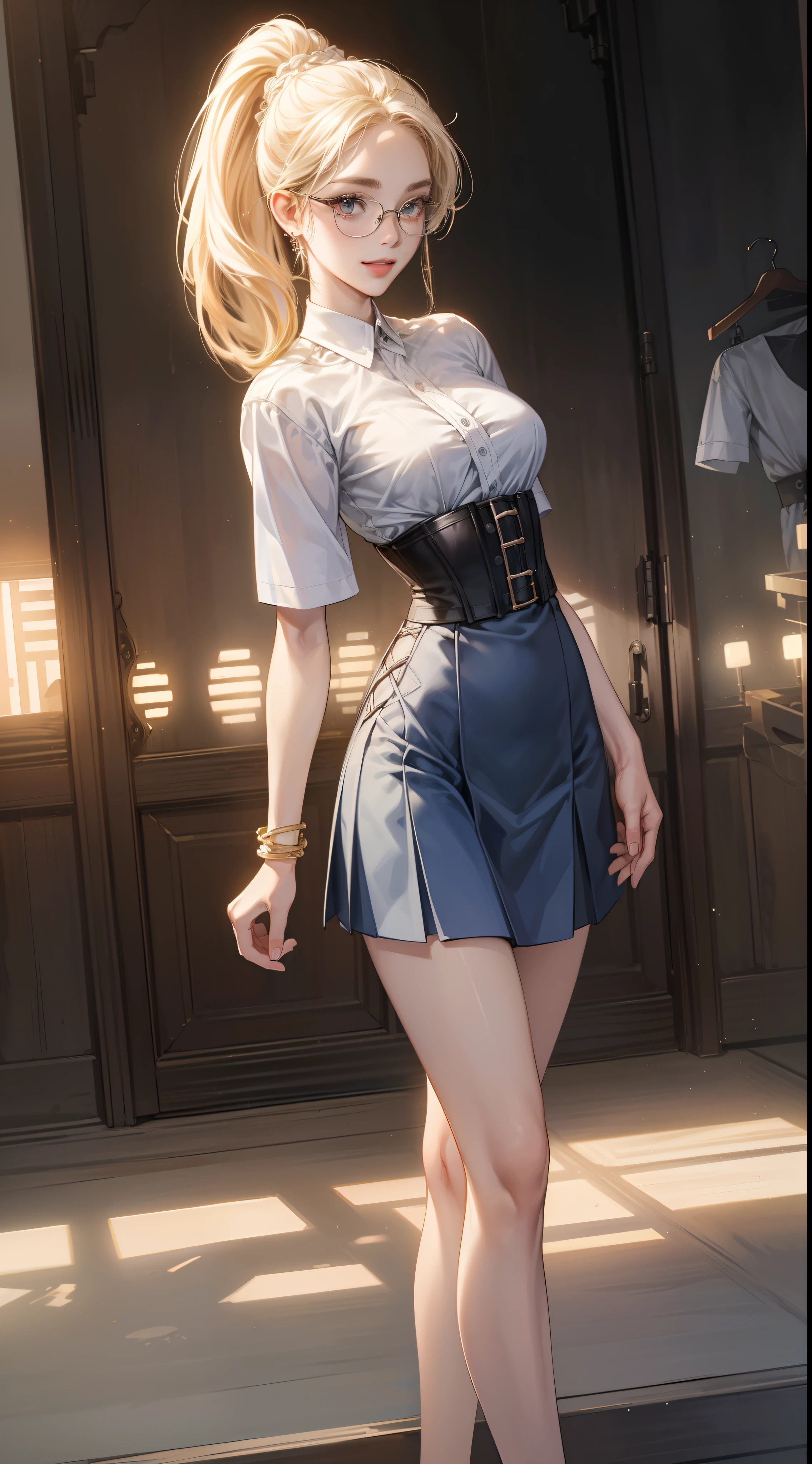 8K, masutepiece, Raw photo, Best Quality, Photorealistic, Highly detailed CG Unity 8k wallpaper, depth of fields, Cinematic Light, Lens Flare, Ray tracing, (Extremely beautiful face, Beautiful lips, Beautiful eyes), intricate detail face, ((Ultra detailed skin)) 1girl in, In the Dark, deepshadow, Pretty Korean girl, Kpop Idol, 1 girl, (Very slim and slender fit muscular body:1.3), ((Looking at Viewer)),(Big smile:1.3),  (Blurred background),(No people in the background:1.3), Beautiful earrings, Bracelets,  Clear eyes, Walking, (pale skin), (Big eyes), Face forward, (Golden bristles), (Full body shot), , ((blue high waist skirt)), , (Looking at Viewer:1.3) opened breast, Very slim, medium breasts, ass forcus, Before the eyebrows, thick thighs((whiteshirt:1.3)), (double-breasted,Underbust:1.2), Short sleeves, buttonGap,Frameless glasses,Corset Belt,Beautiful ponytail,a blond,