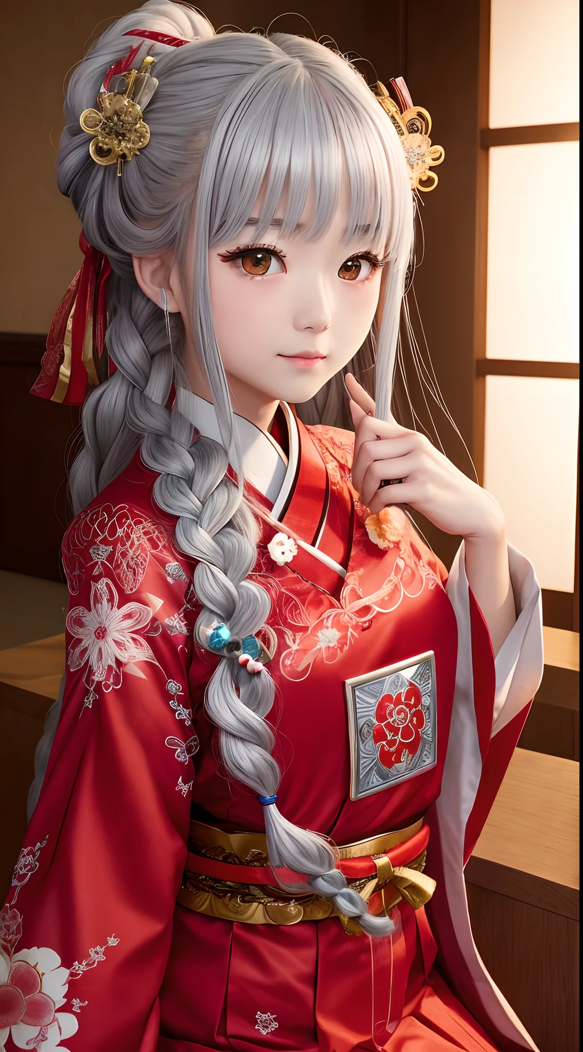 Japan girl is very cute。I have red eyes、Wearing flashy national costumes、Silver-haired braid、Wearing a lot of ornaments、Royal Girl、