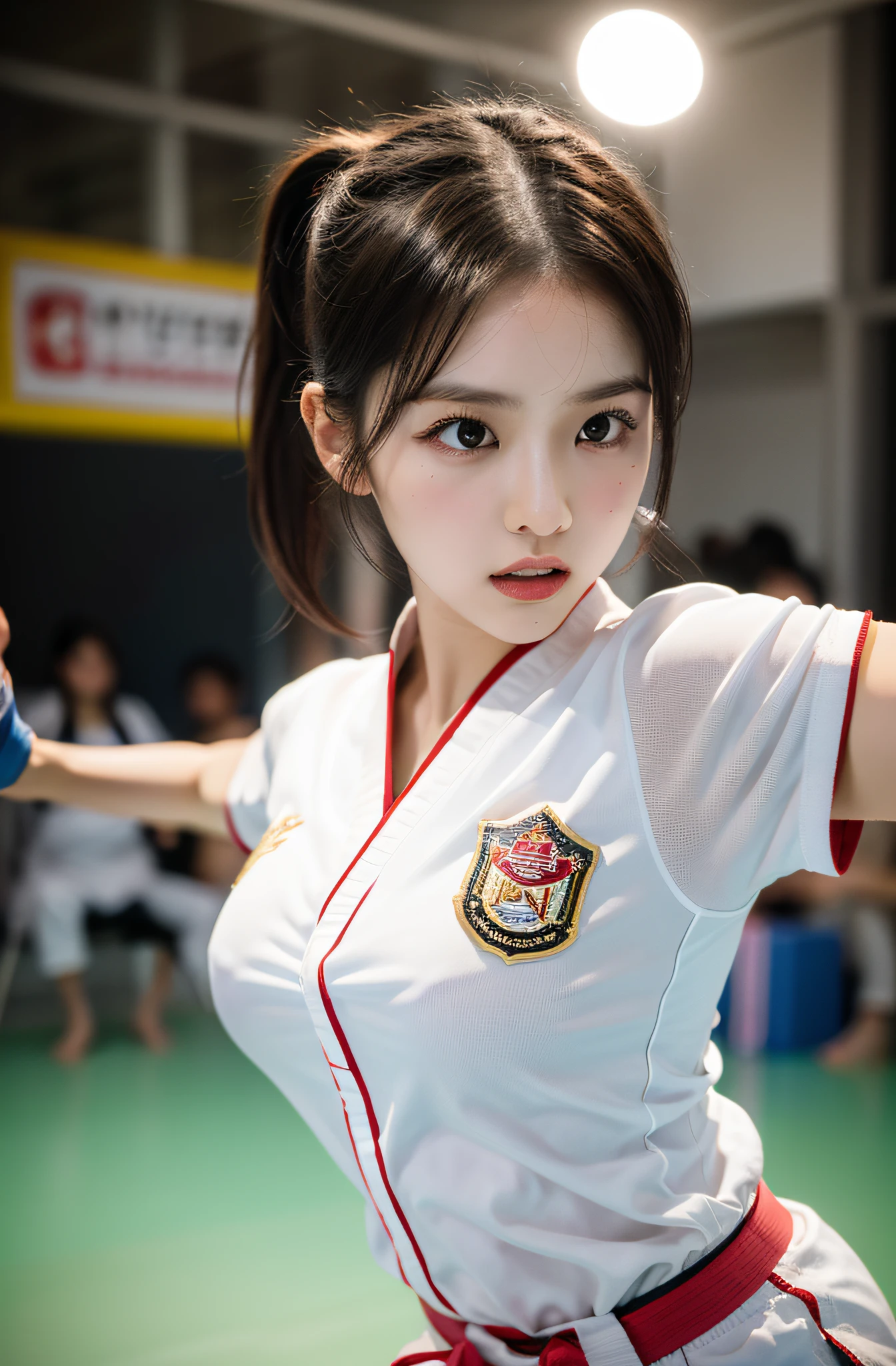 Best image quality,highest quality,masterpiece,4K,8k,highest quality,女性karate,in a karate道場 ring,  Chudan Gyakutsu pose, karate, Young Japanese Woman, Japanese Girls,karateのuniform,Black belt,karate大会、whole body、Big Breasts、uniform、((((ロリでチビの女の子が全裸に前がはだけたkarate道着を着る:1.5))))、(Big Breastsの形を強調するkarate道着、Cleavage fully exposed:1.5)、(karate道場)、((とてもBig Breasts:1.3))、((((Very young  girl))),(Slim waist:1.0)、((((A girl with a very small face))),((nsfw))