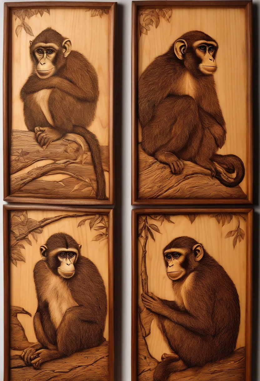 Wood-burned, etched artwork. Can also make interesting wooden detailed objects: A Monkeys. 4 panels with different poses
