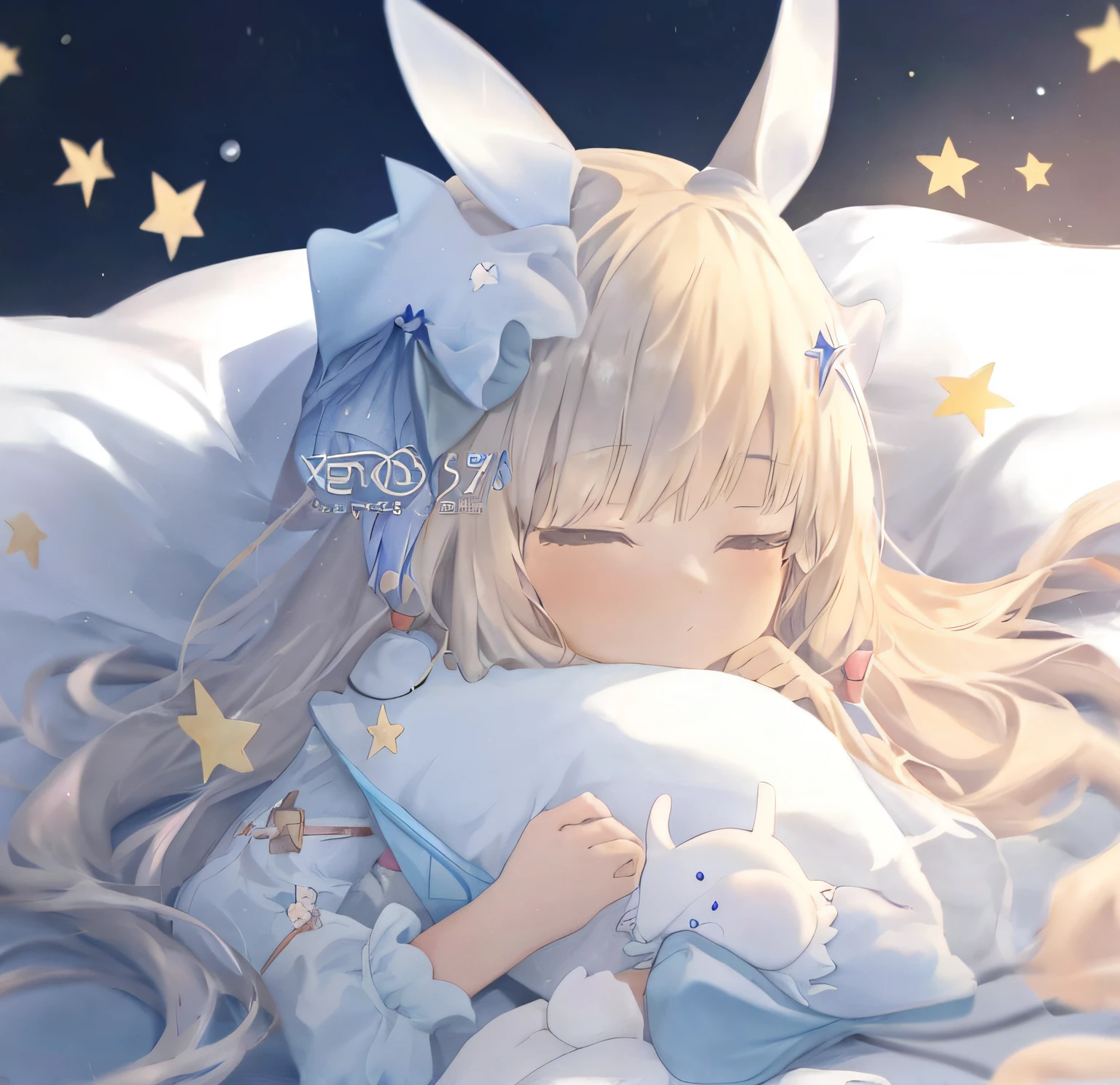 Anime girl sleeping in bed，There are stars and blue dresses, nightcore, From Arknights, Highest rated on Pisif, Cute anime girl, Splash art anime ****, Pisif, Soft anime illustration, trending on artstation pixiv, Cute anime, Guweiz in Pixiv ArtStation, Pisif style, Pisif Contest Champion, Pisif 3DCG,Remove the watermark