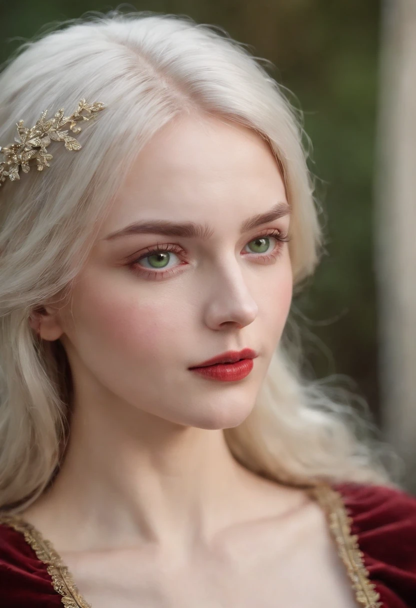 (((a deep reddish wound crosses her left cheek))) fair complexion, woman around 19 years old, natural white hair, distinctive green eyes, wearing kohl, slender and graceful, beautiful, candlelight in a medieval setting, ultra sharp focus, realistic shot, medieval female clothes, tetradic colors (scar:1.4)