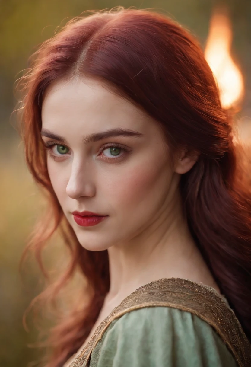 (((a deep reddish wound crosses her left cheek))) fair complexion, woman around 19 years old, natural white hair, distinctive green eyes, wearing kohl, slender and graceful, beautiful, candlelight in a medieval setting, ultra sharp focus, realistic shot, medieval female clothes, tetradic colors (scar:1.4)