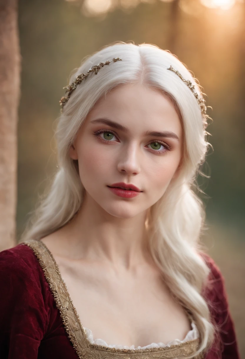 (((a deep reddish wound crosses her left cheek))) fair complexion, woman around 19 years old, natural white hair, distinctive green eyes, wearing kohl, slender and graceful, beautiful, candlelight in a medieval setting, ultra sharp focus, realistic shot, medieval female clothes, tetradic colors (scar:1.4)