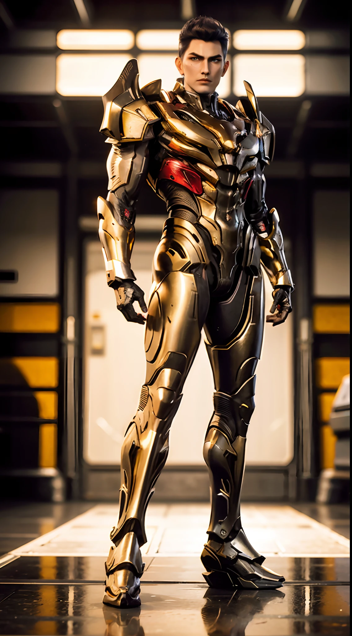 a man in a suit with a futuristic look on his face and chest, with a futuristic helmet on, (1boy:0.630), (black hair:0.728), (golden heavy armor:0.923), (blurry:0.915), (blurry background:0.579), (blurry foreground:0.619), (depth of field:0.771), (letterboxed:0.805), (looking at viewer:0.601), (male focus:0.786), (mecha:0.605), (realistic:0.758), (solo:0.839), (full body:1.3)