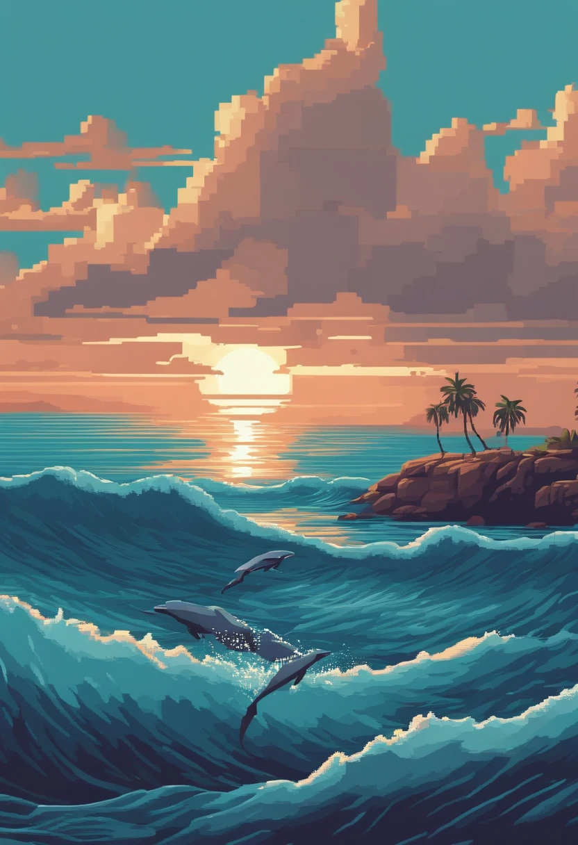 Pixel art da lua gigante nascendo sobre o mar calmo, bela arte detalhada do pixel, Pixel Art detalhado, Lo-fidel retro video games, Pixel Art Conceitual, arte detalhada do pixel, estilo Pixel Art, cidade de pixel, pixel art animation, Pixel Art de alta qualidade, Dolphins jump from the surface of the sea, arte lowpoly cor super detalhada, #Pixel Art:3, # Pixel Art, #Pixel Art, mulher ruiva de costas medieval pixel art