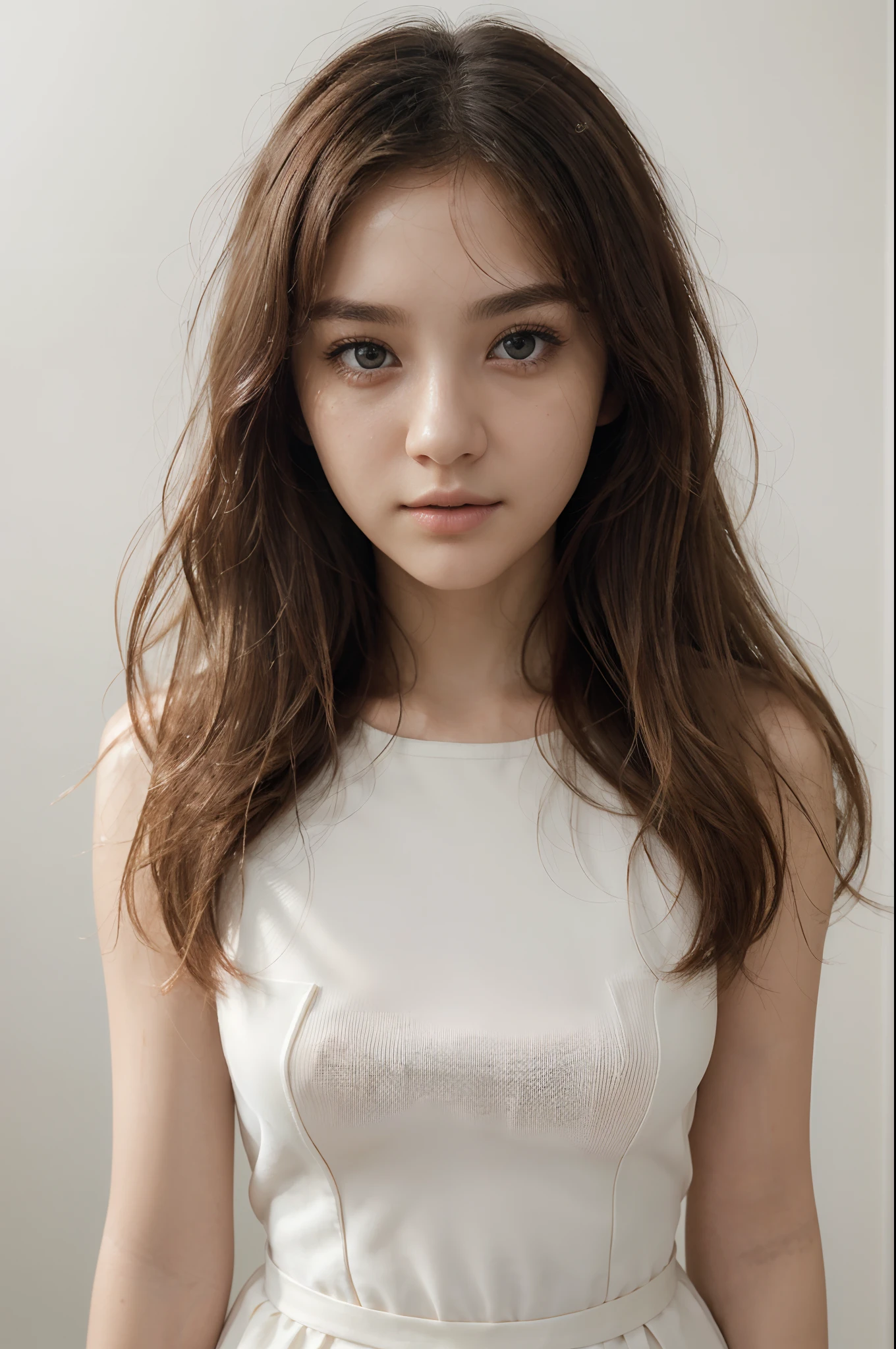 ((masterpiece:1.4、top-quality))、((masterpiece、top-quality))、(photographrealistic:1.4)、profetional lighting、physically-based renderingt,Medium hair,Wavy hair very detailed eyes and face、Eyes in Beautiful Details、(Beautiful japanese girl:1.05)、White Room、white walls