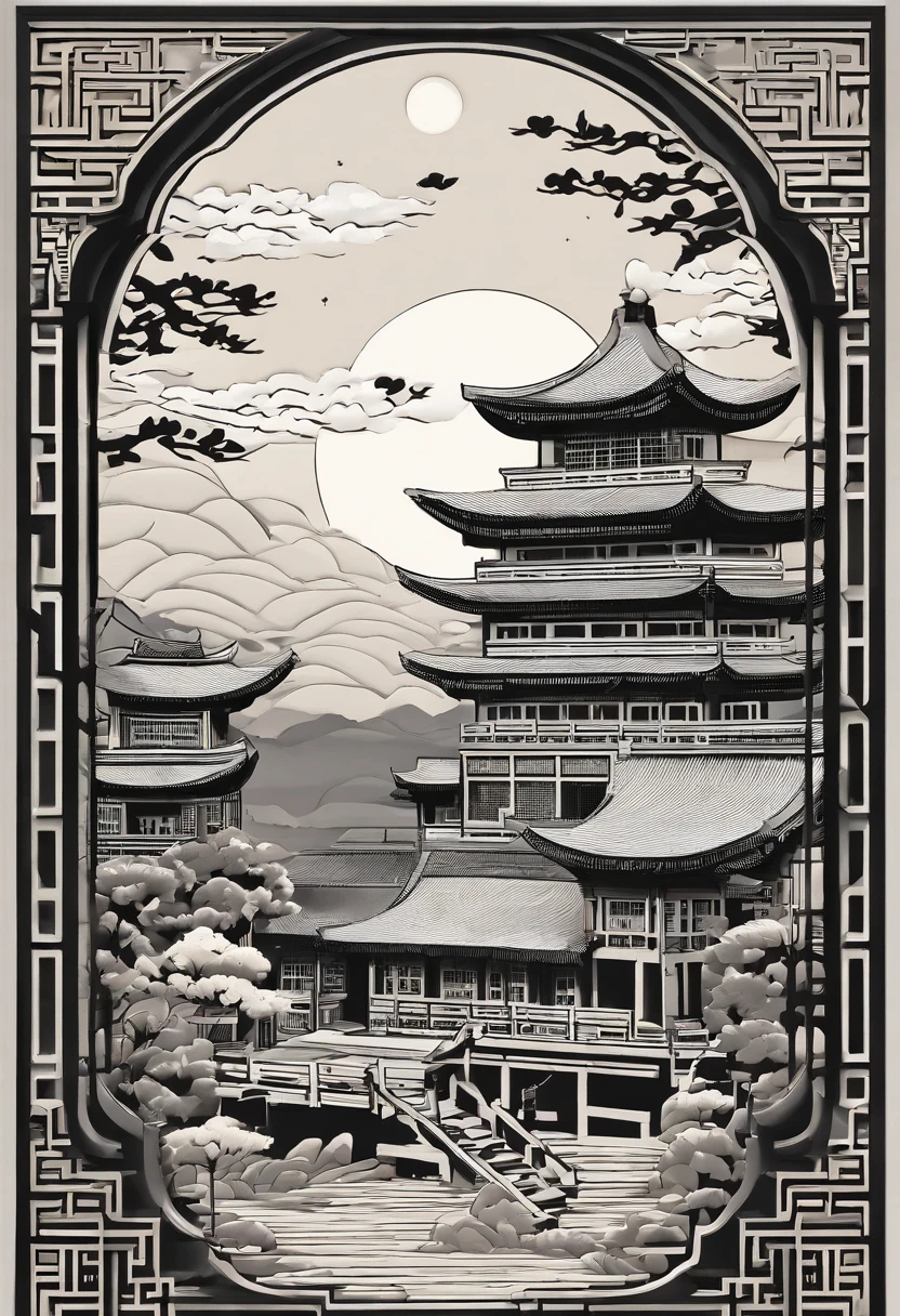 outstanding，Chinese architectural paper-cut image，4K, The background is the moon, In the style of paper art, painting of beautiful,，high detal. arte em papel cortado,,A masterpiece of beautiful intricacies, multi-layer, mysterious, beijing, Chinese watercolor style, Chinese ancient city, Amazing art of paper cutting