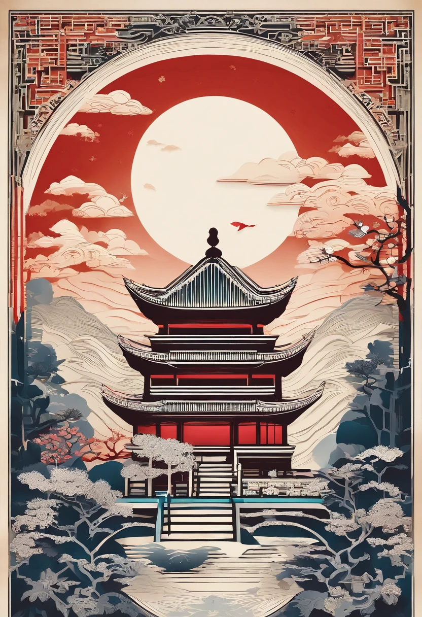 A poster centers on China's Tiananmen Square, On top is a moon, There are mooncakes and rabbits on the moon, Chinese background, No Man, Leave white space, from above, from below, high quality, UHD