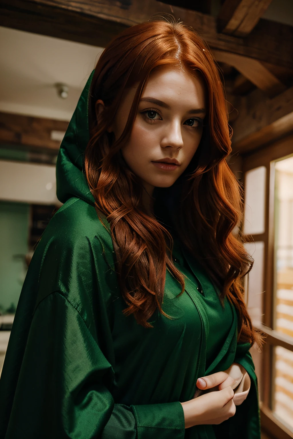 woman with red hair, brown eyes, green magic, green cloak
