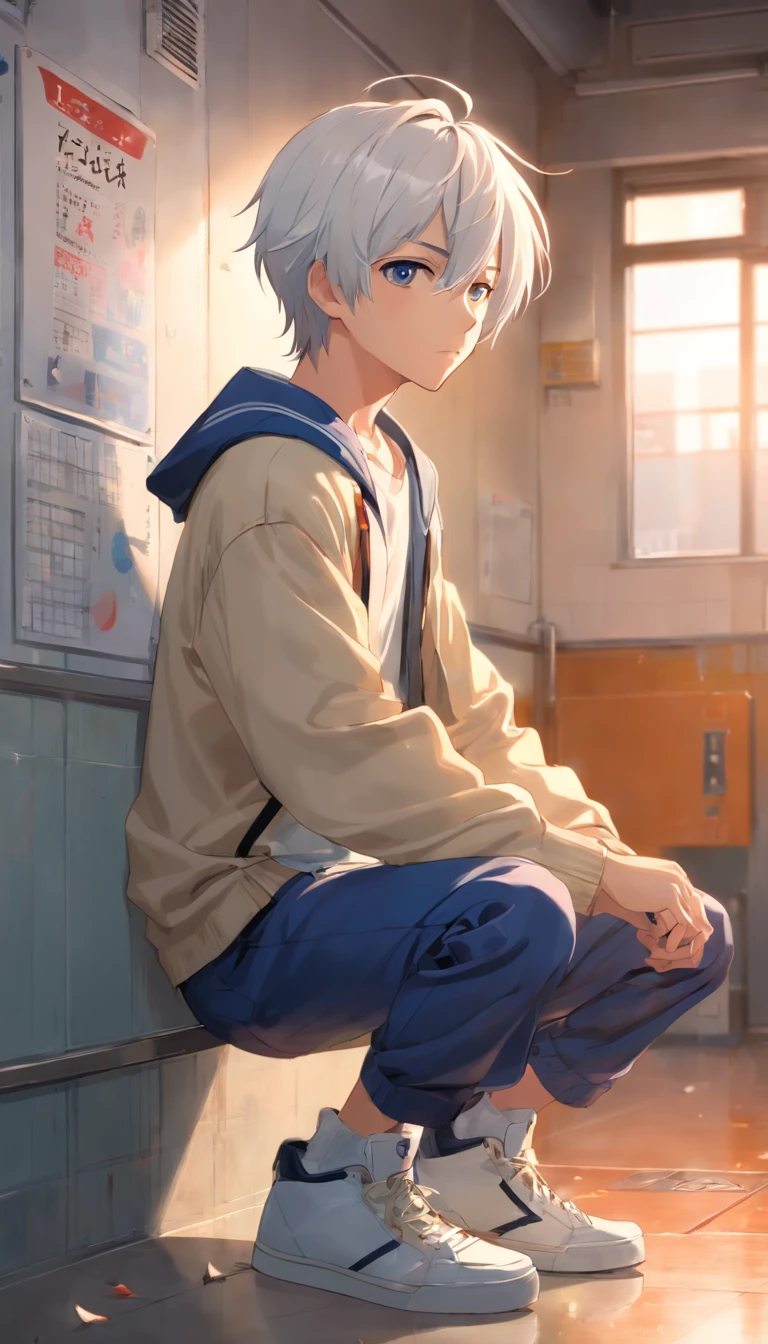 best qualtiy, tmasterpiece, 超高分辨率, realisticlying, 1 boy,(long white hair),Heterochromic pupils,(Smoking with your back against the wall:1),(There are scars from fights on the face),Male school uniform,(White boxing holster),leather shoes,wall,wide angles