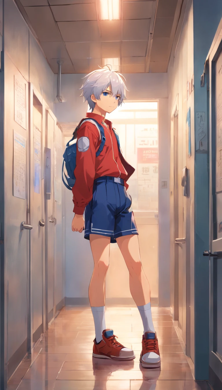 best qualtiy, tmasterpiece, 超高分辨率, realisticlying, 1 boy,(long white hair),Heterochromic pupils,(Smoking with your back against the wall:1),(There are scars from fights on the face),Male school uniform,(White boxing holster),leather shoes,wall,wide angles