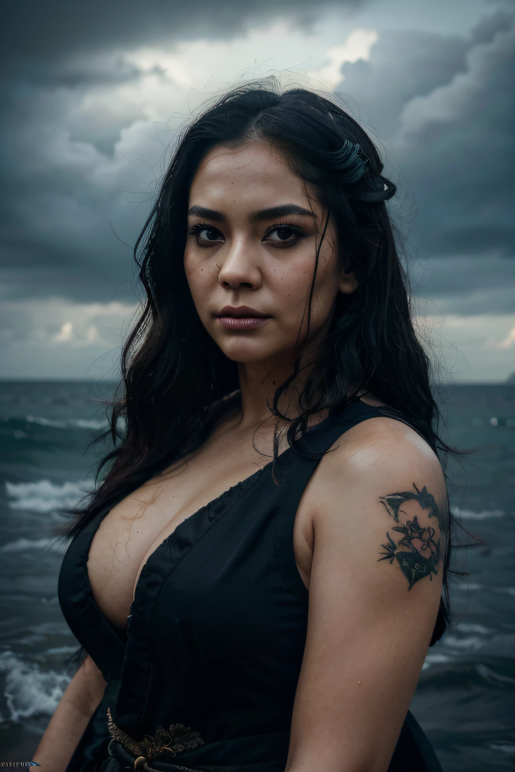 (best quality,4k,8k,highres,masterpiece:1.2),ultra-detailed,(realistic,photorealistic,photo-realistic:1.37),Gothic,chubby Philippine woman,40 years old,tattooed face (dragon),black veil,kimono,geisha,holding sword,Asian pirate ship,stormy weather,long black hair,blood splatter on face,detailed eyes,detailed lips,extremely detailed face,sharp focus,physically-based rendering,stunning makeup,vivid colors,dark ambiance,haunting atmosphere,subtle shadows,splashing waves,strong winds,ominous clouds