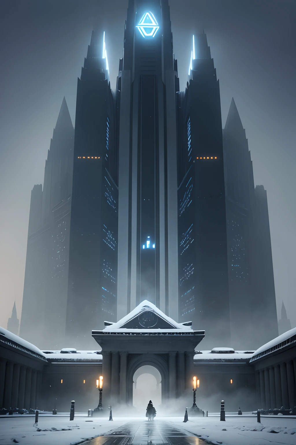 Futuristic Imperial palace, wide imperial palace, grey colored, Fururistic super futuristic themed, Sci FI futuristic themed, futuristic star-wars inspired imperial palace. Extremely massive, wide, imperial palace. Penrose triangle glowing. Penrose triangle glowing at the front of the palace- on top. Snowing weather, blizzard. Blizzard weather, snow covered palace. Sunny skies overhead, foggy. Extremely detailed, masterpiece, 8k