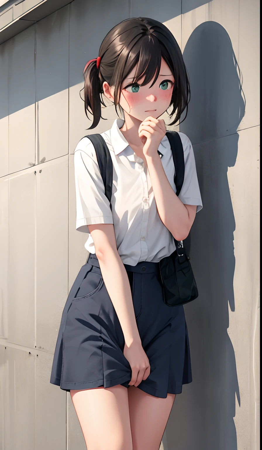 1 girl is taking to lavatory, looking away, standing, Green eyes, embarrassed, blush, Keep one's mouth shut, street (girl is peeing self:0.4)