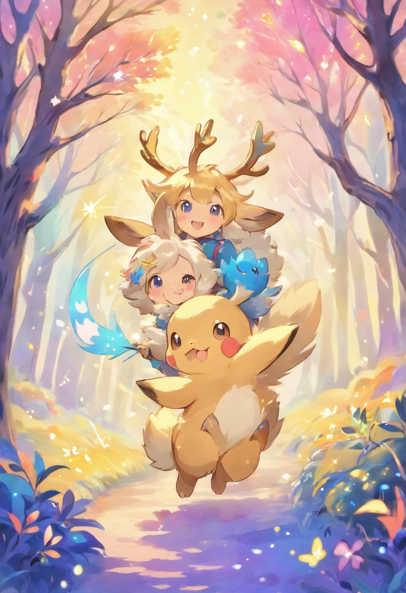 a colorful farmer Japanese with antlers in a magical forest,soft pastel colors,horned bunny,whimsical fantasy creature,realistic fur texture,shimmering rainbow colored fur,golden antlers,sparkling eyes,mischievous smile,enchanting background with twinkling stars,ethereal lighting,creatures of the night tag,artistically detailed illustration,high resolution,scenic landscape,breathtaking view,vibrant hues,fantasy art style