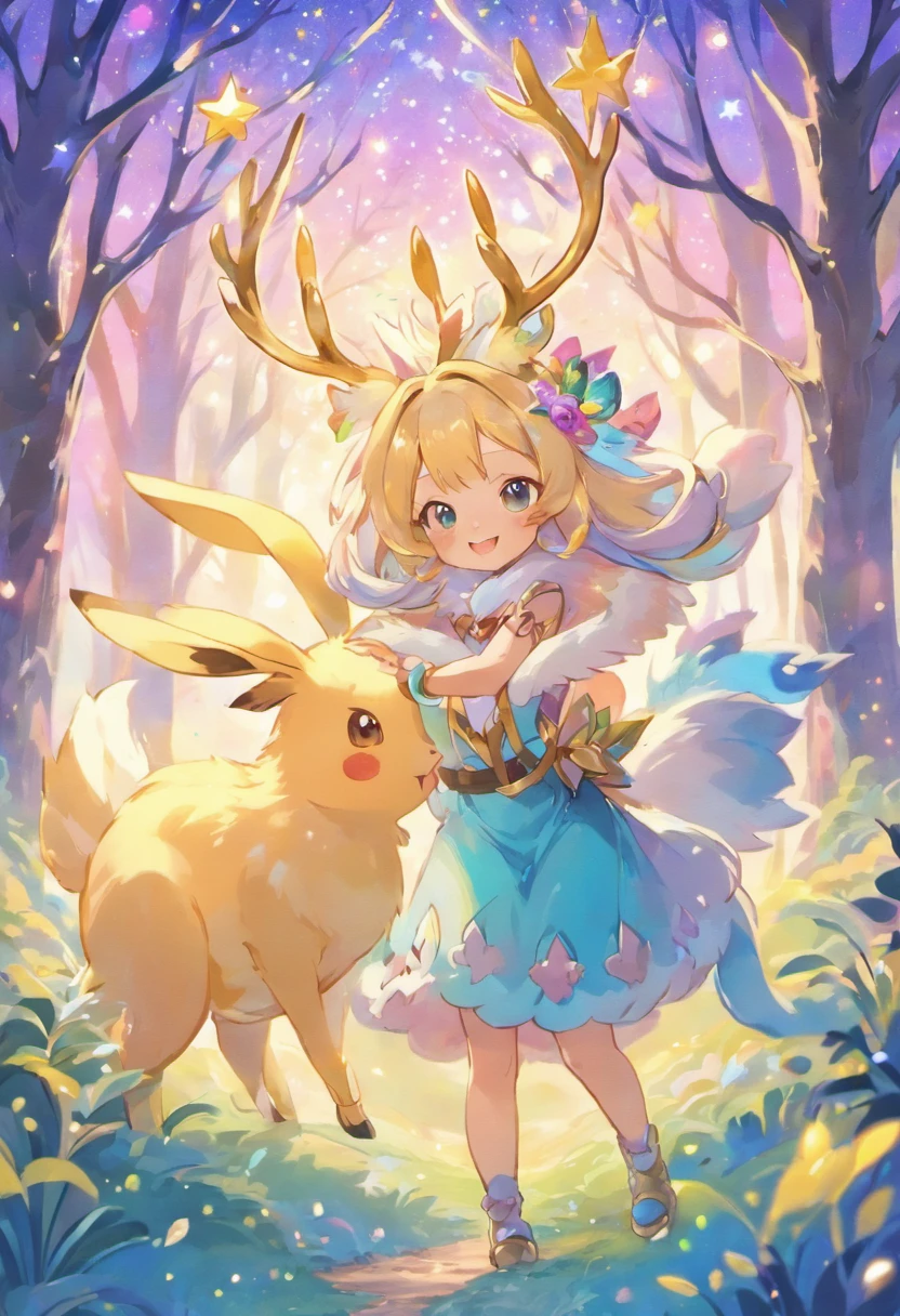a colorful farmer Japanese with antlers in a magical forest,soft pastel colors,horned bunny,whimsical fantasy creature,realistic fur texture,shimmering rainbow colored fur,golden antlers,sparkling eyes,mischievous smile,enchanting background with twinkling stars,ethereal lighting,creatures of the night tag,artistically detailed illustration,high resolution,scenic landscape,breathtaking view,vibrant hues,fantasy art style