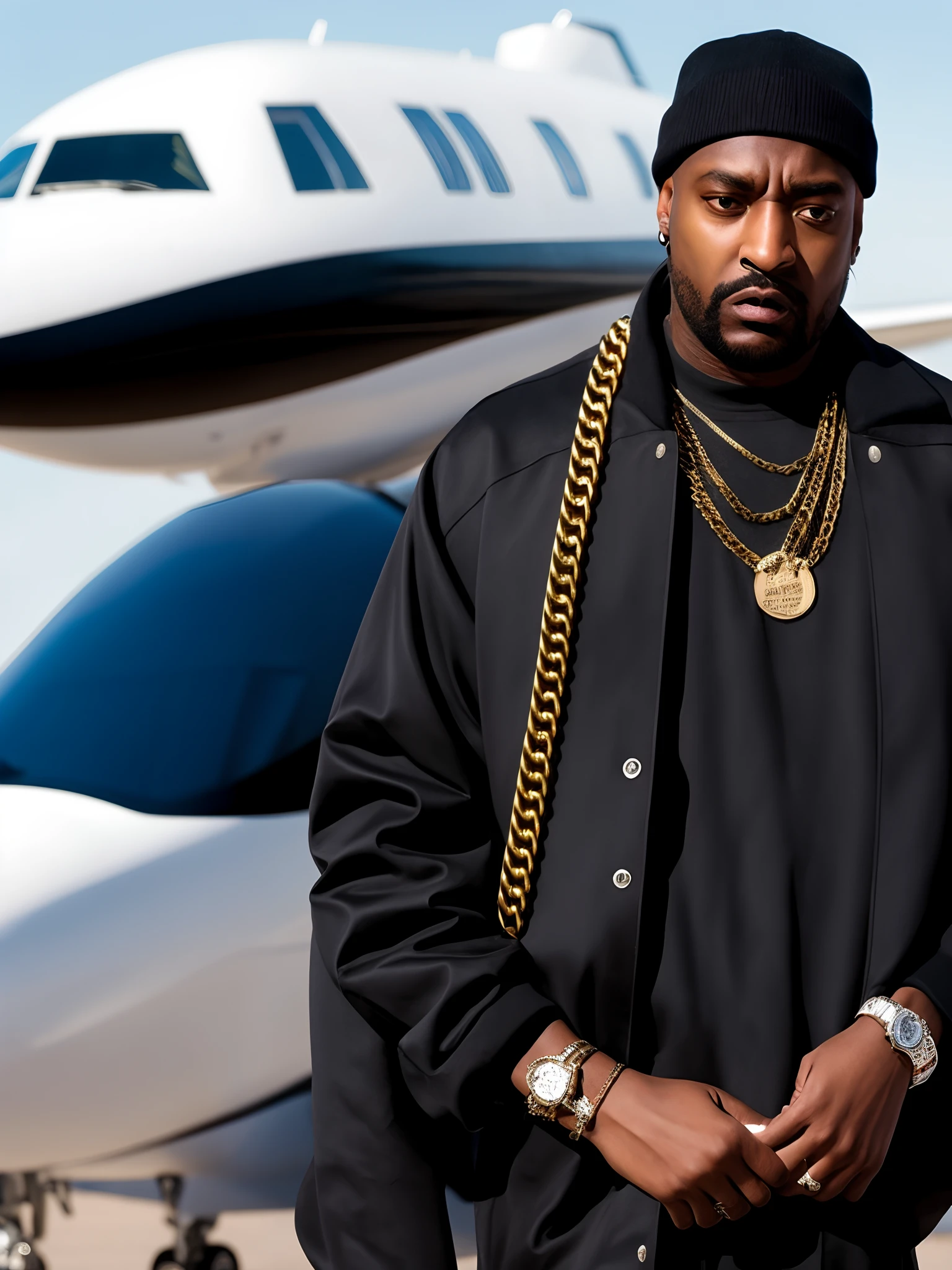 ghostface wearing a black shiny puffercoat and a gold trapstar chain infront of a private jet. hyper realistic.