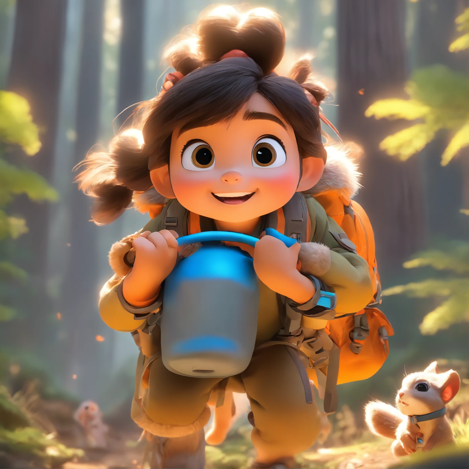 (Pixar style),-year Chin girl,Carry an oversized adventure bag,On the shoulder stands a small squirrel,in the early morning,Set off on an expedition,Miniature character model in the forest, Light source from right to left, Rum lighting, Light source from right to left, (iso-distance view), (Top down), Realistic proportions, Post-processing, ((Orthogonal perspective)), Super detail, Realistic, Super realistic, photoreal render, Irridescent color, glitters