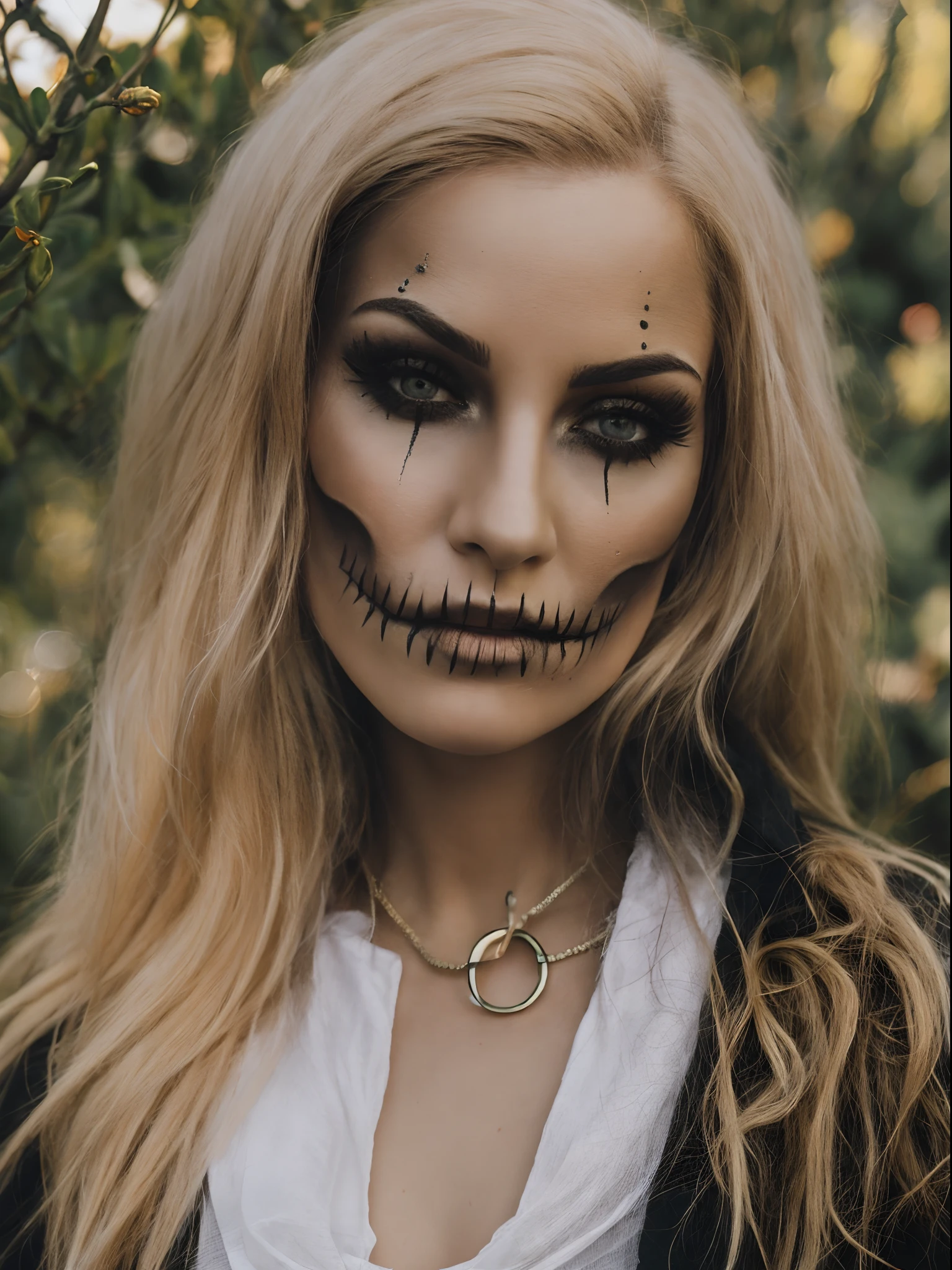 thwhtqn, (sharp focus:1.2), photo, attractive young woman, (beautiful face:1.1), detailed eyes, luscious lips, (medium breasts:1.0), (slim body:1.2), in a (botanical garden:1.2). (moody lighting:1.2), depth of field, bokeh, 4K, HDR. by (James C. Christensen:1.2|Jeremy Lipking:1.1).HWmakeup, (Halloween costume:1.1), complex Halloween background,Halloween, Halloween theme, Halloween colors,
